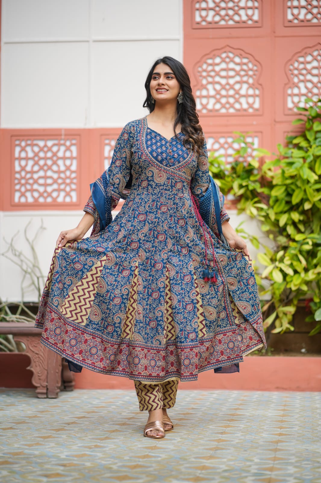 Blue and Marron Anarkali Cotton Salwar Set