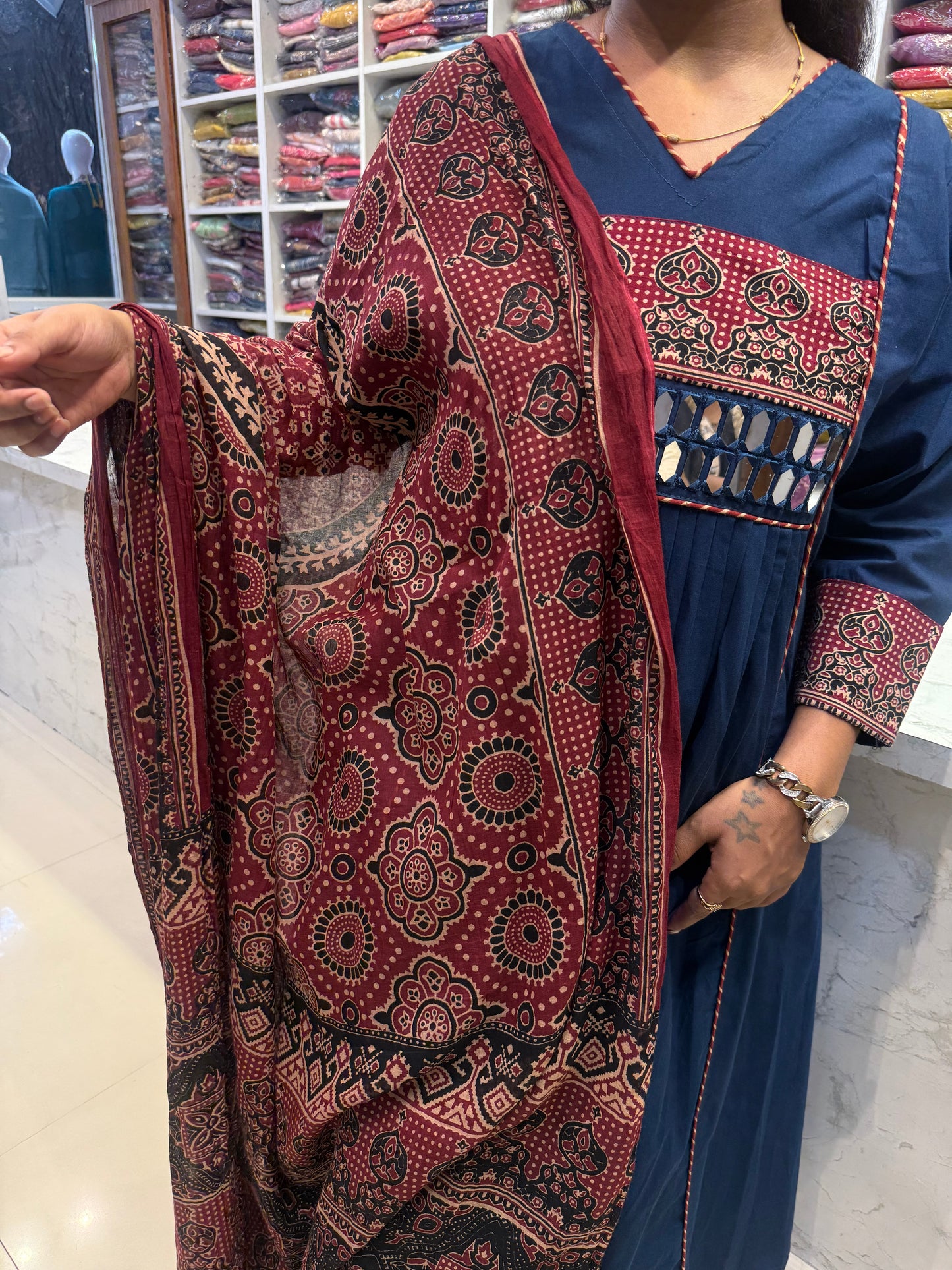 Navy Blue Pure Cotton Mirror Embroidery Kurti With Pant and Printed Brown Dupatta-HSC139