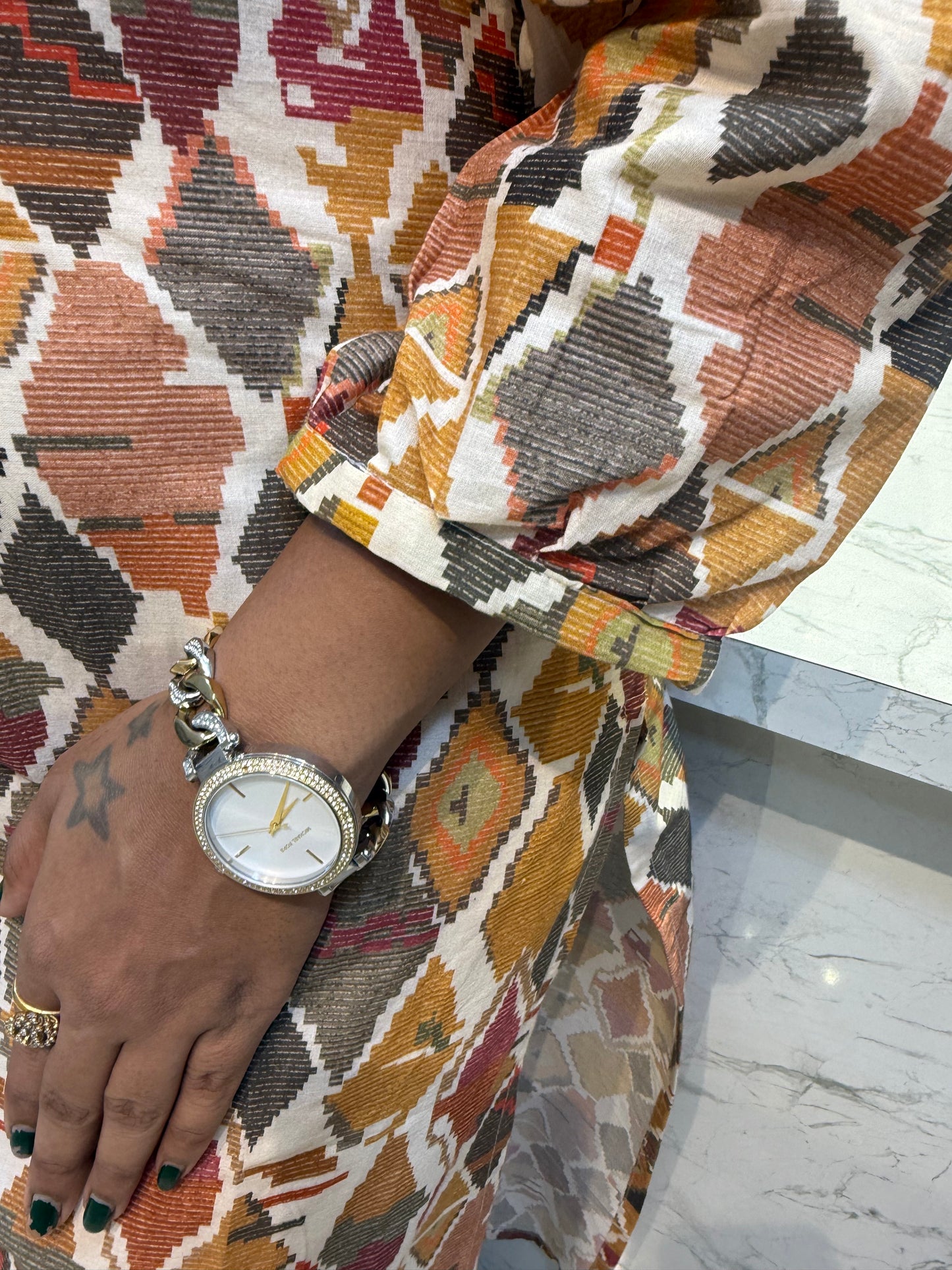 Cream Geometric Printed Cotton Kurti with Pant and Dupatta