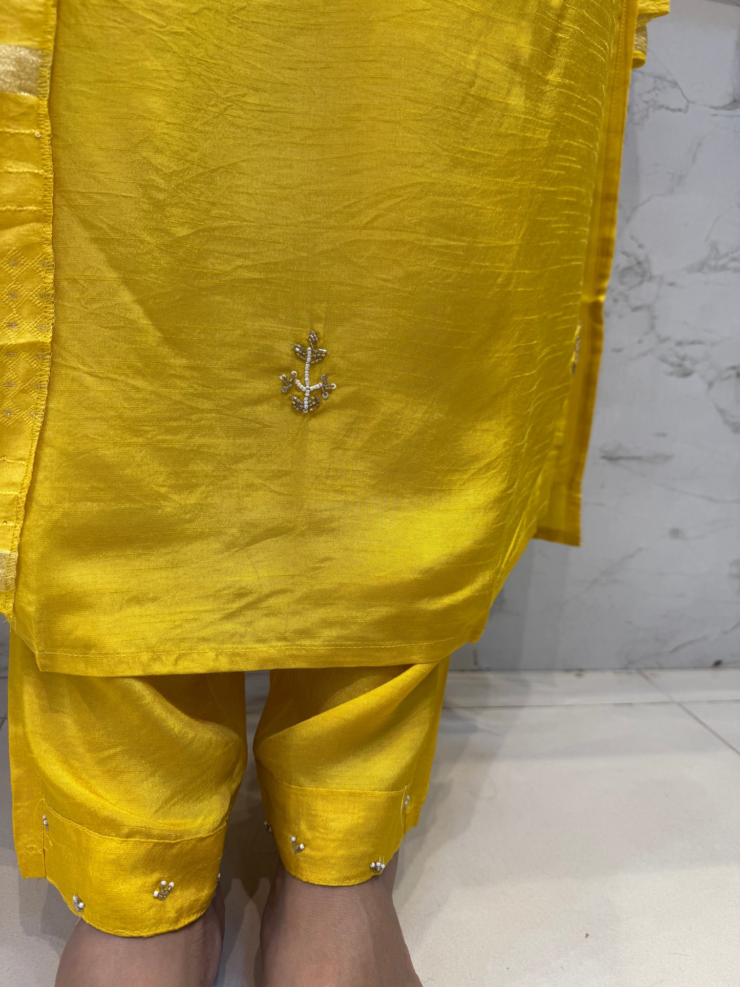 Yellow Straight Cut Pure Dola Silk Kurti with Pant and Dupatta