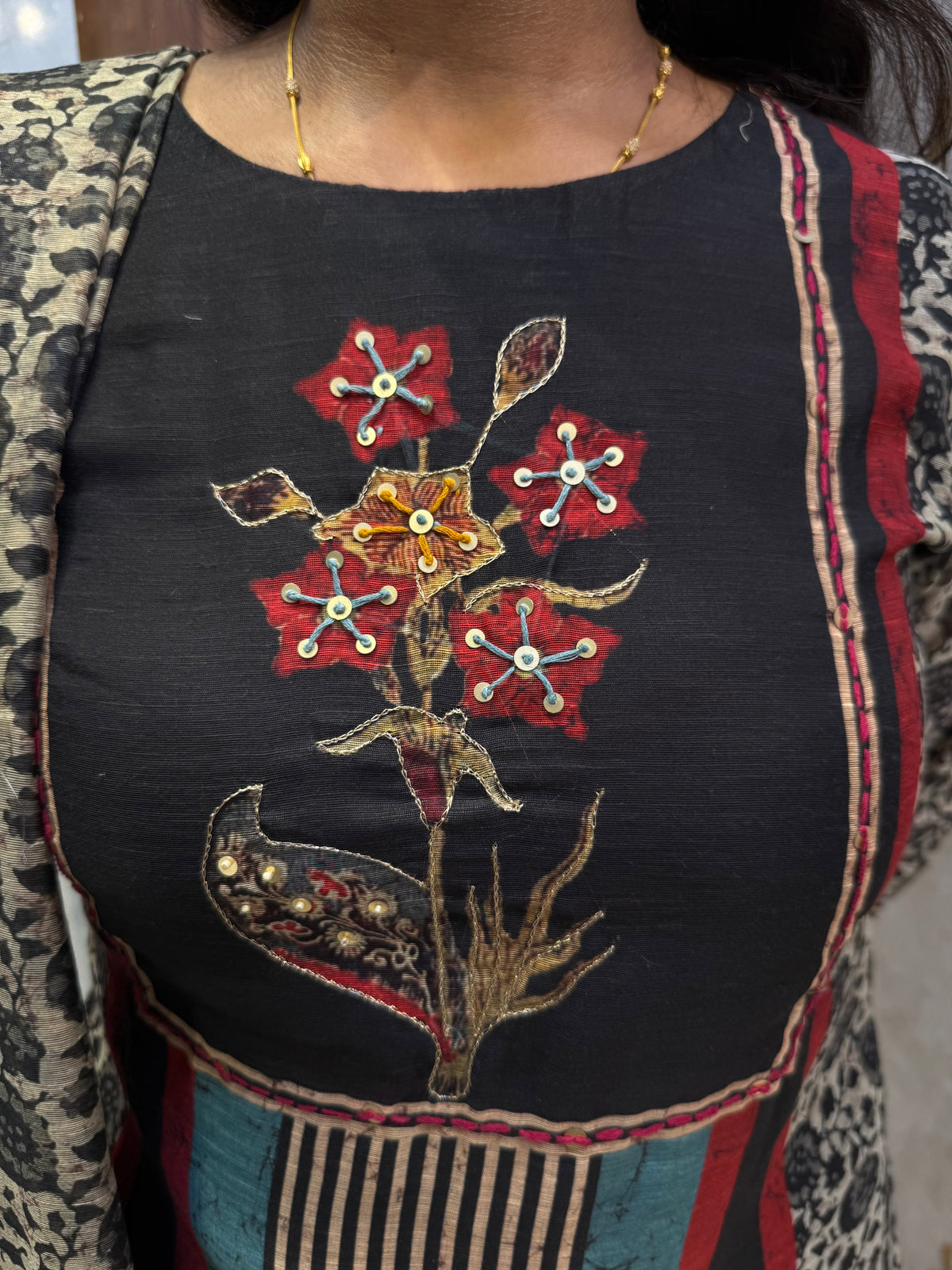 Pure Linen Black Thread Embroidery Kurti With Pant and Dupatta -HSC1285