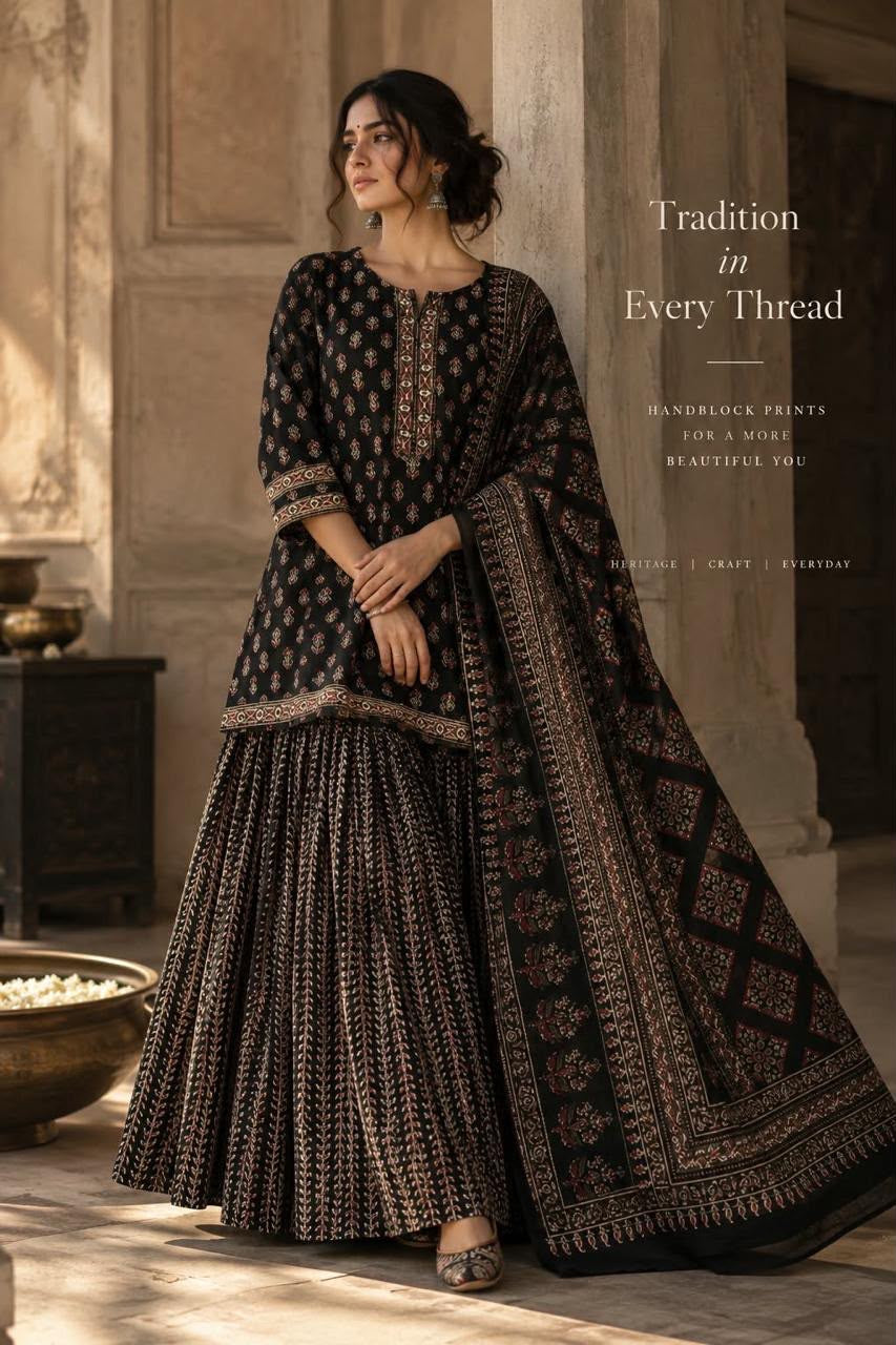 Black Pure Cotton Printed Kurti With Skirt and Dupatta -HSC1302