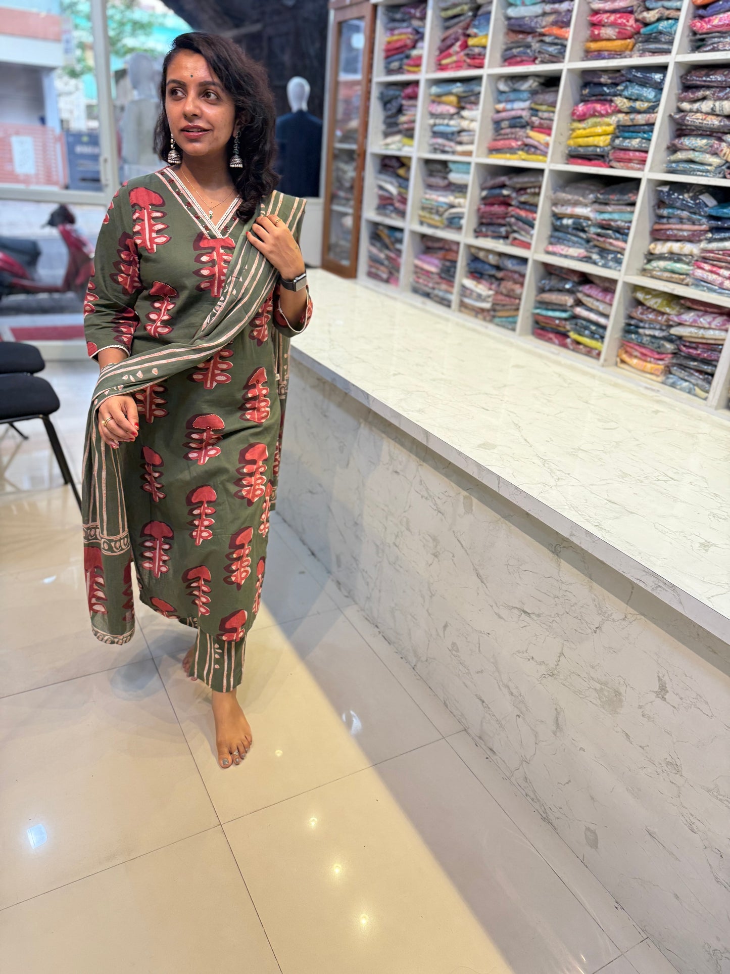 Printed Green Kurti with Pant and Dupatta