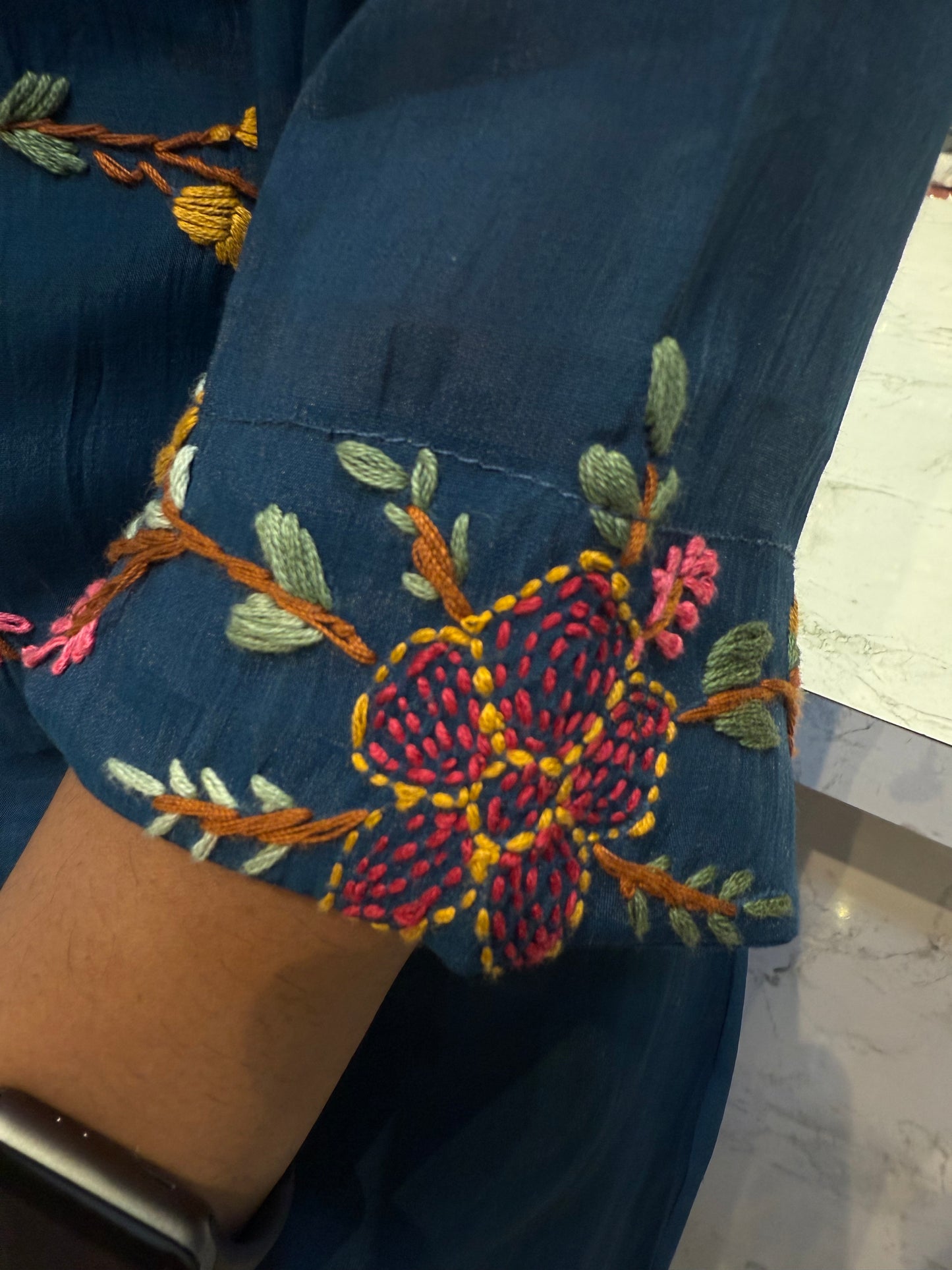 Mul Chanderi Blue Kurti With Pant and Dupatta