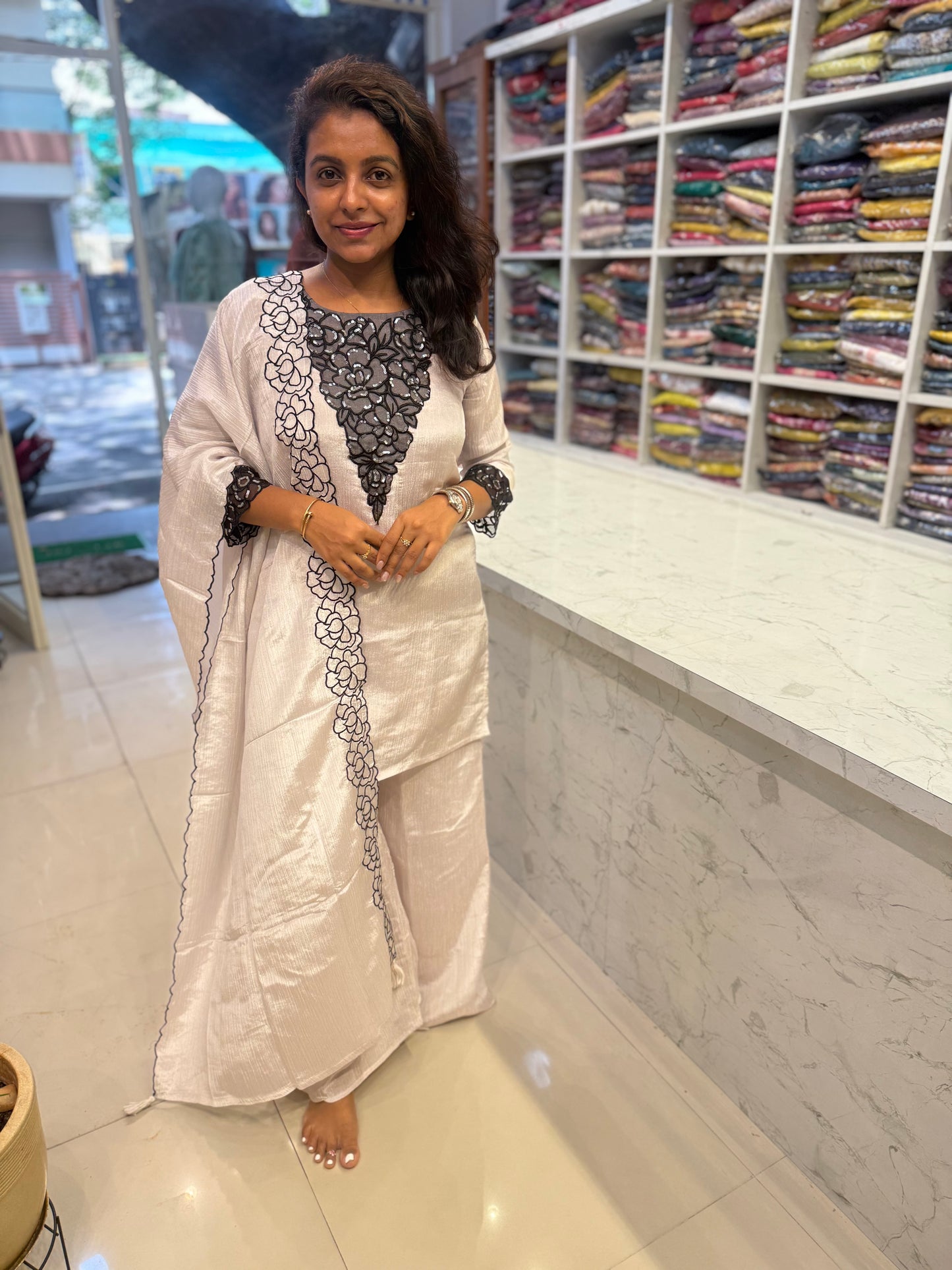 Shimmer Crush Thread Embroidery Kurti With Divider Pant with Scallop Dupatta-HSC155