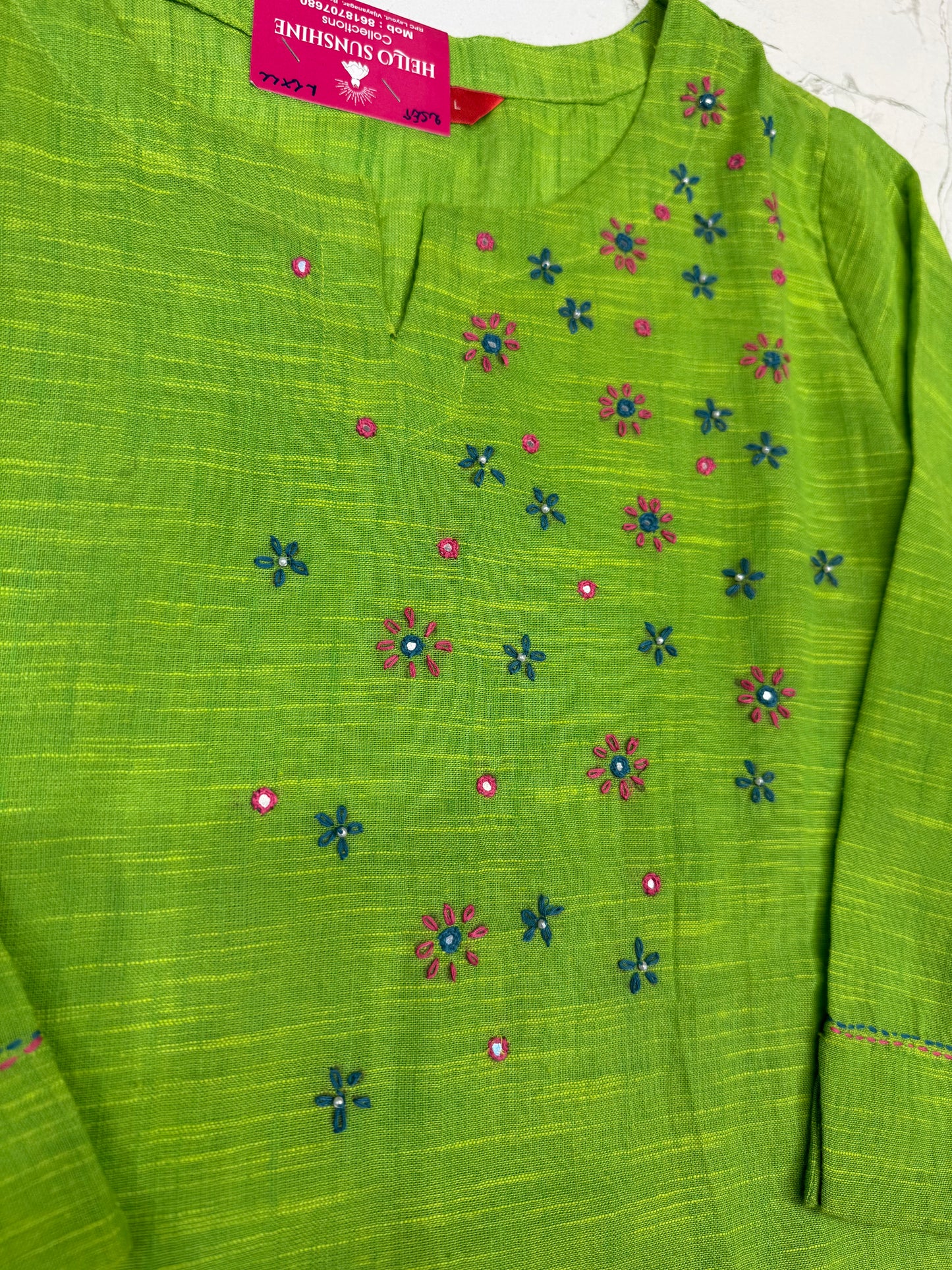 Parrot Green Hand Embroidery Pure Cotton Straight Cut Kurti