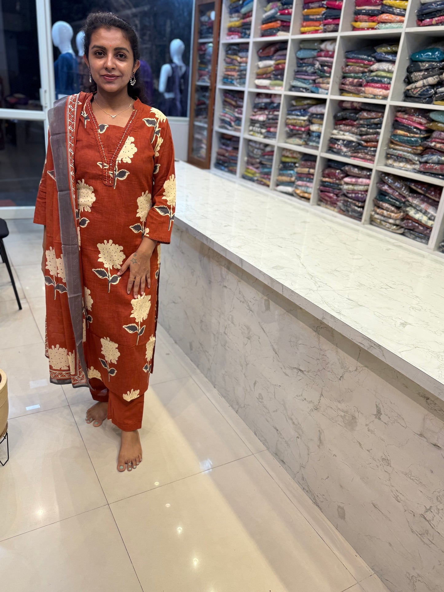 Rust Pure Cotton Kurti With Pant and Dupatta