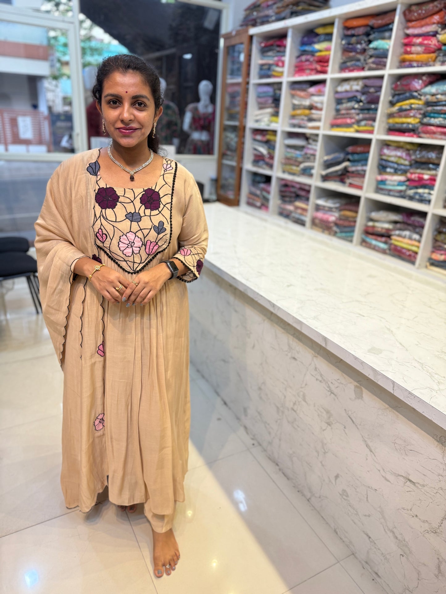 Mul Chanderi A-line Kurti With Pant and Dupatta