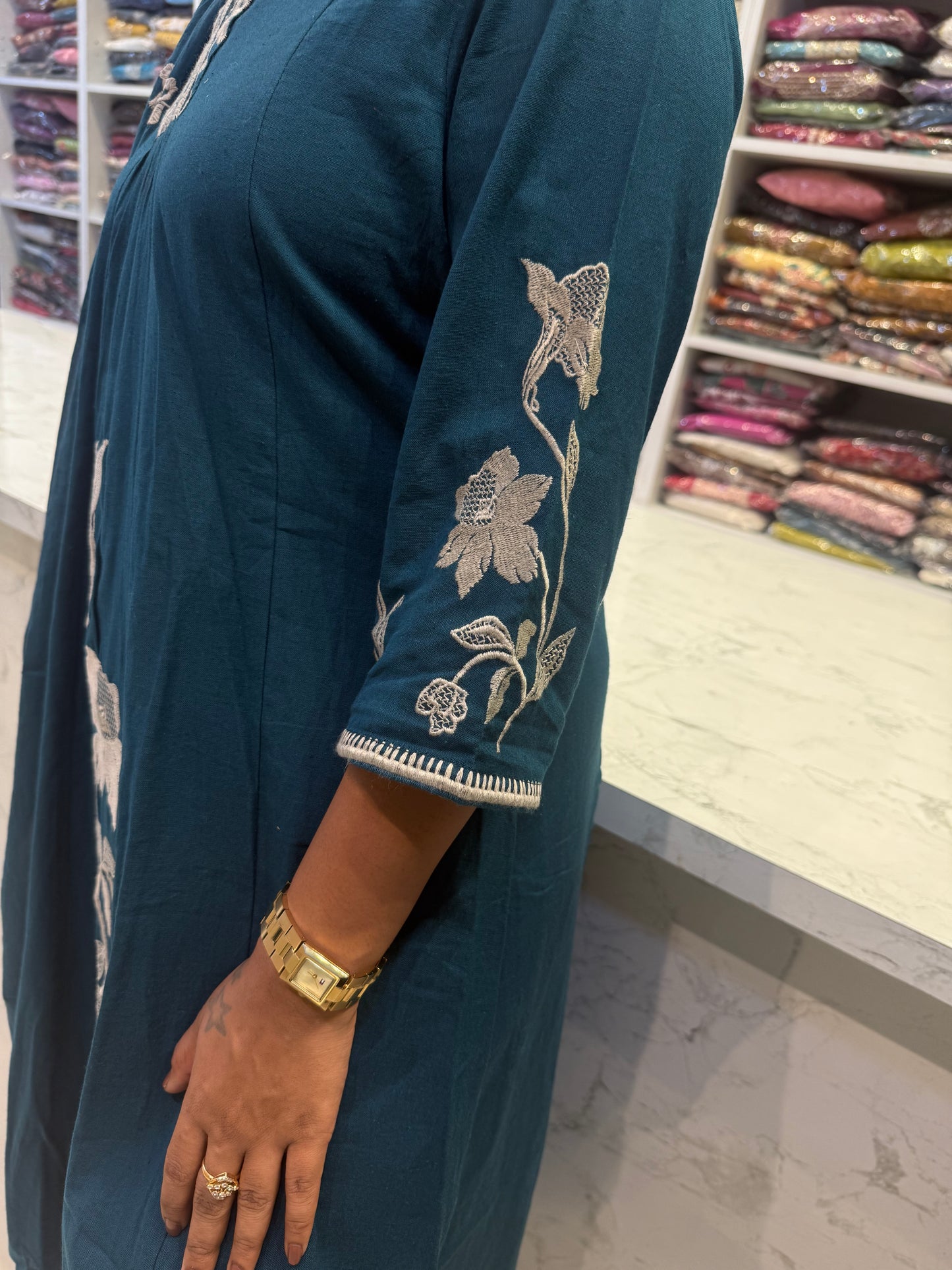 Teal Blue Cotton Flex Kurti With Pant and Dupatta