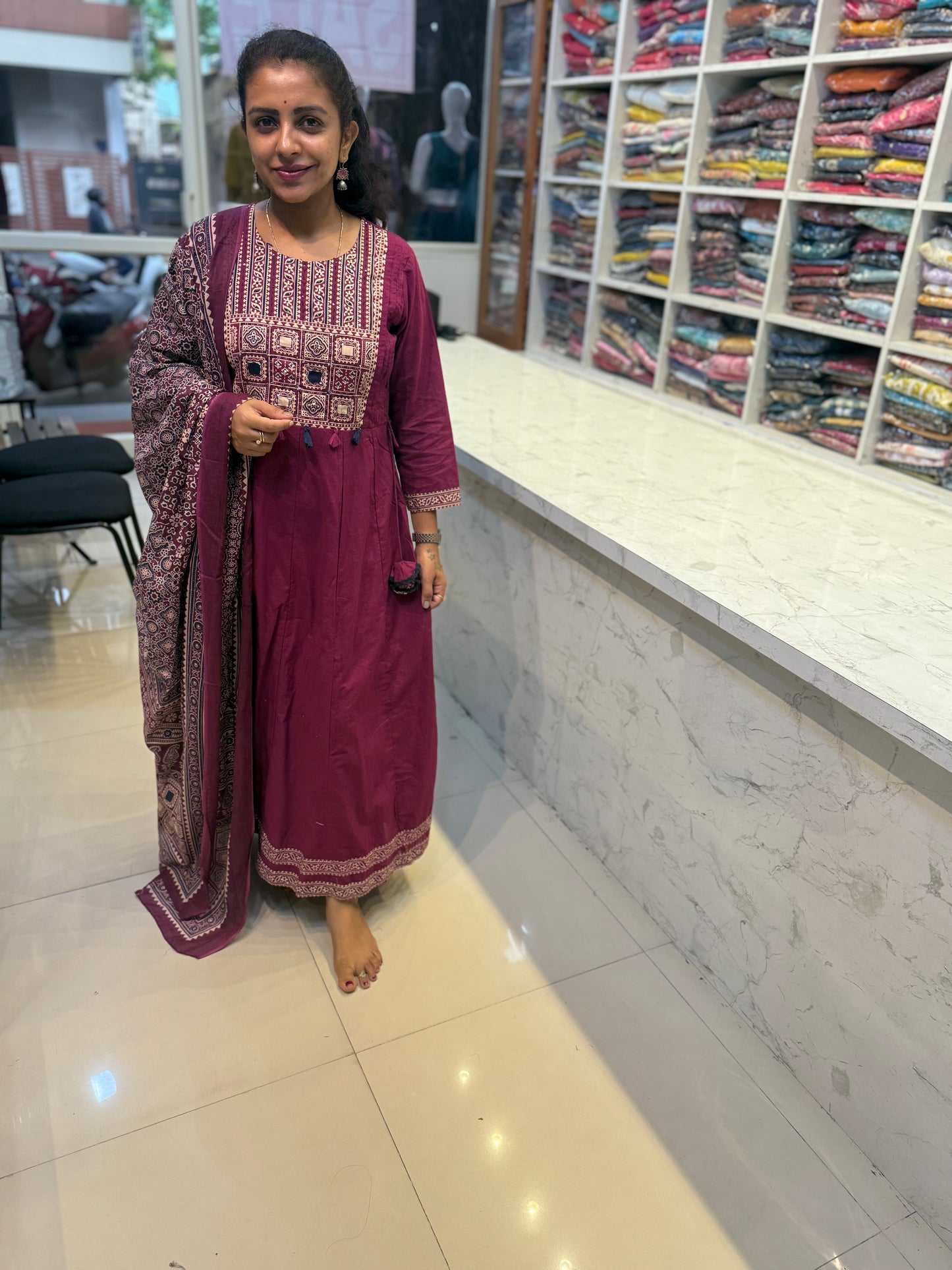 Wine Anarkali Kurti with Pant and Dupatta