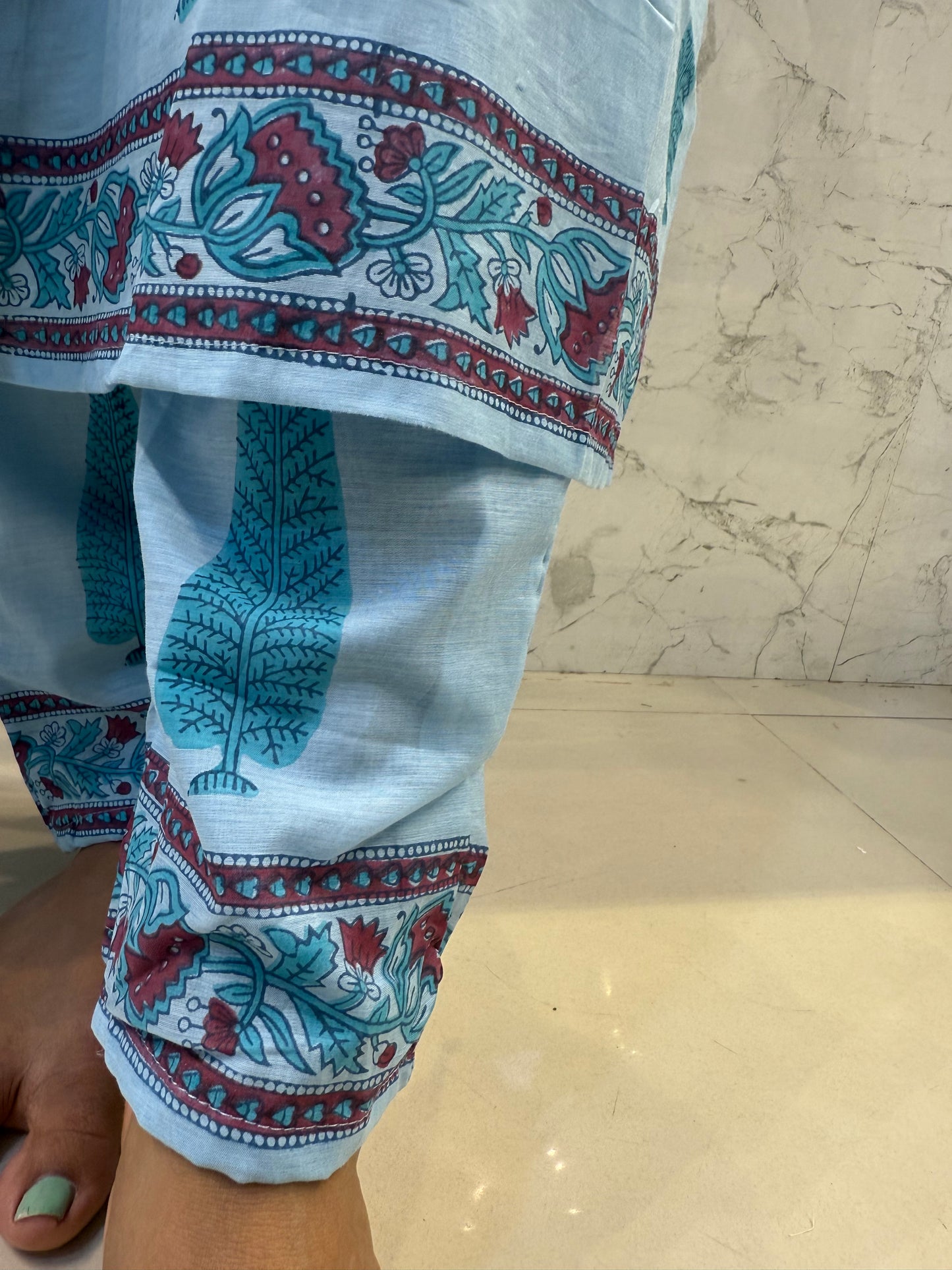 Sky Blue Pure Mul Cotton Kurti With Pant and Dupatta