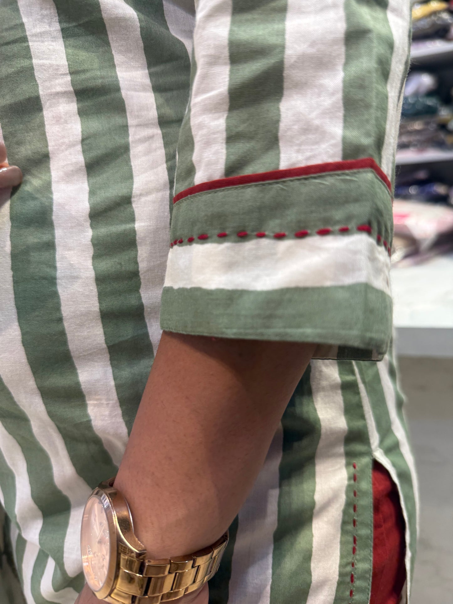 Sage Green Stripes Kurti With Marron Pant and Block Printed Dupatta