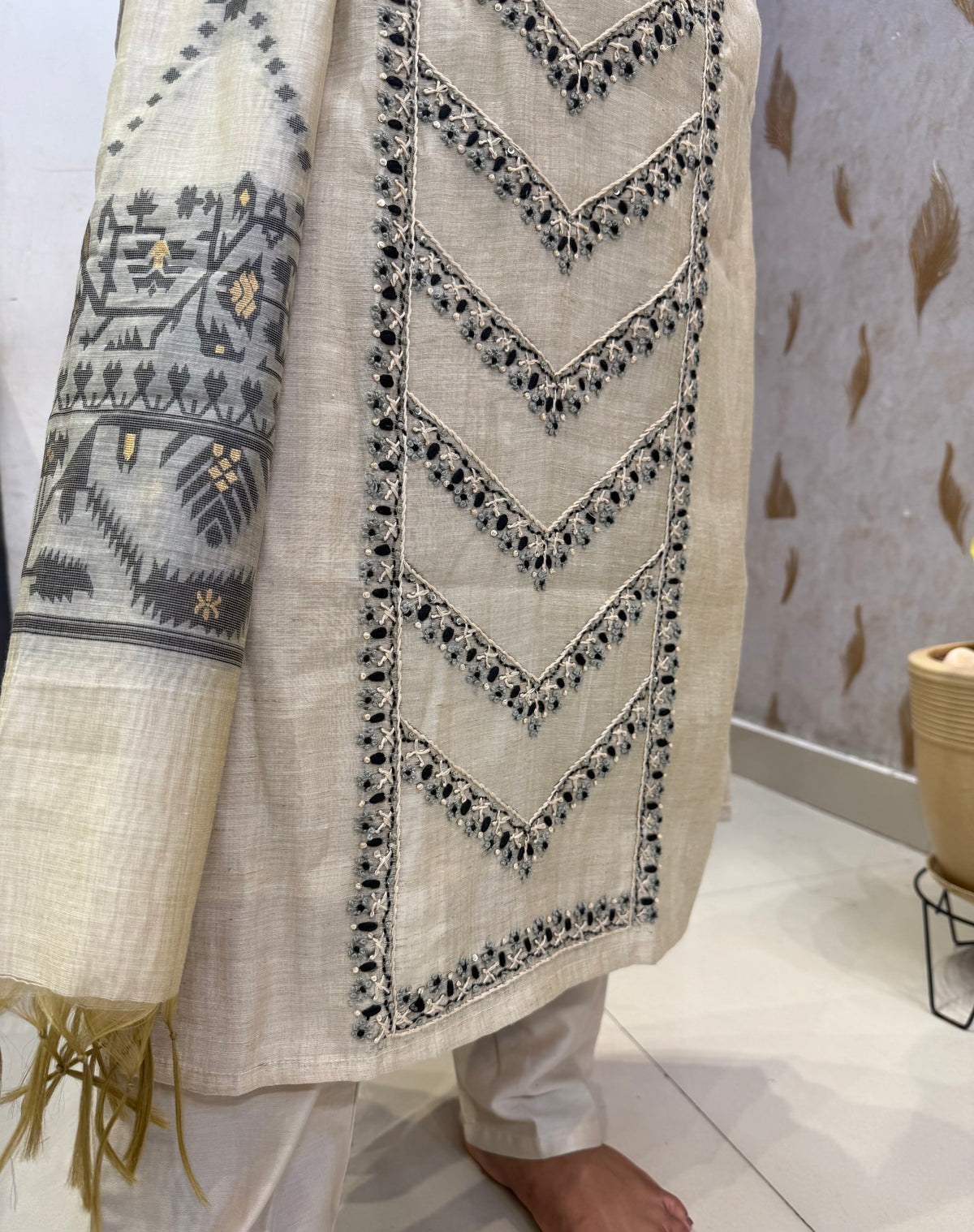 Tissue Linen Thread Embroidery Kurti With Pant and Dupatta -HSC1214