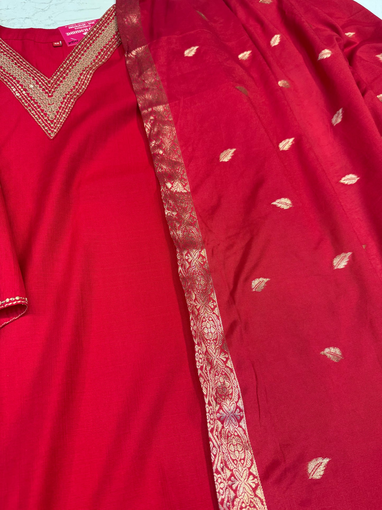 Red Roman Silk Kurti With pant and Dupatta