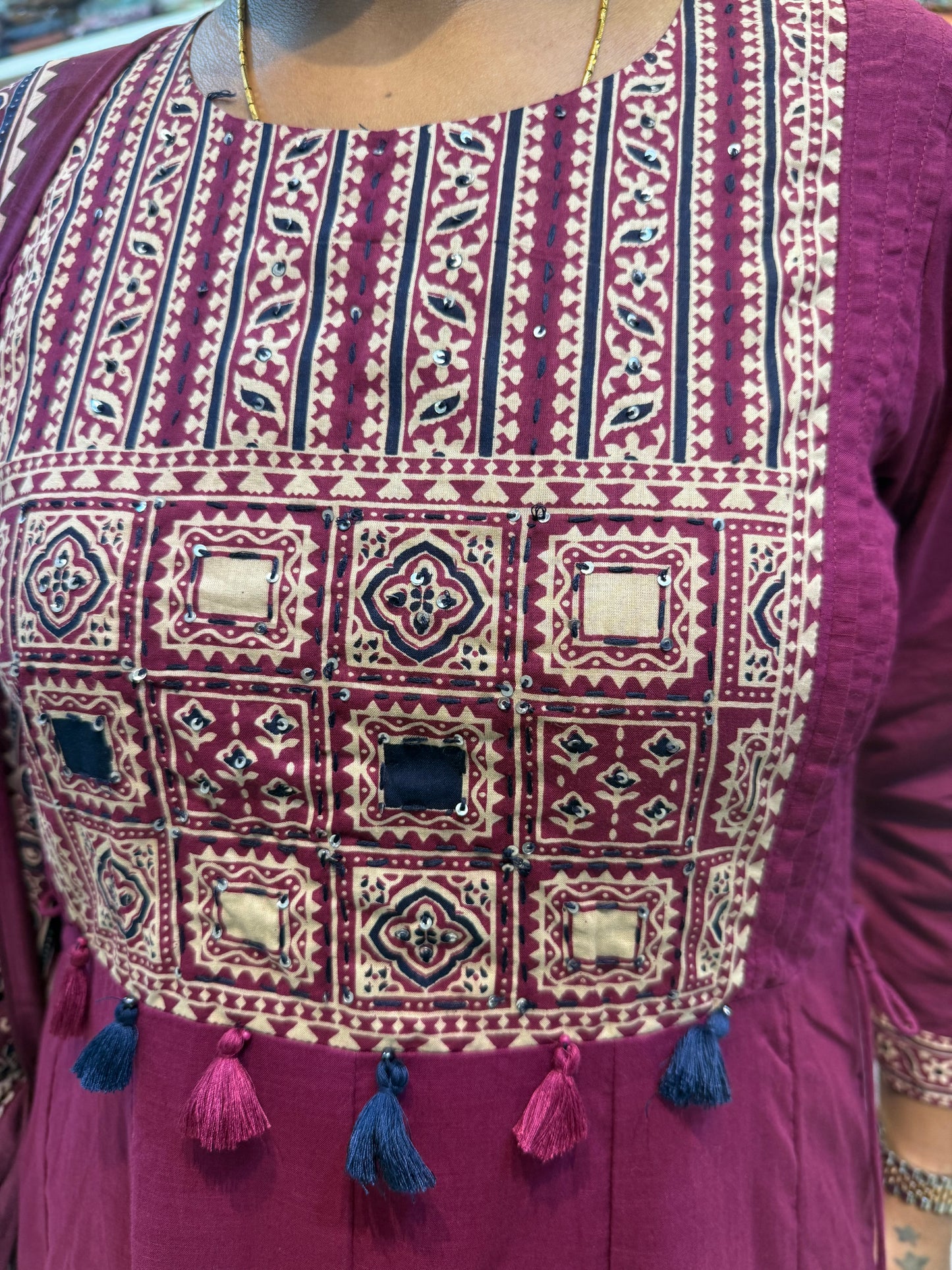 Wine Anarkali Kurti with Pant and Dupatta