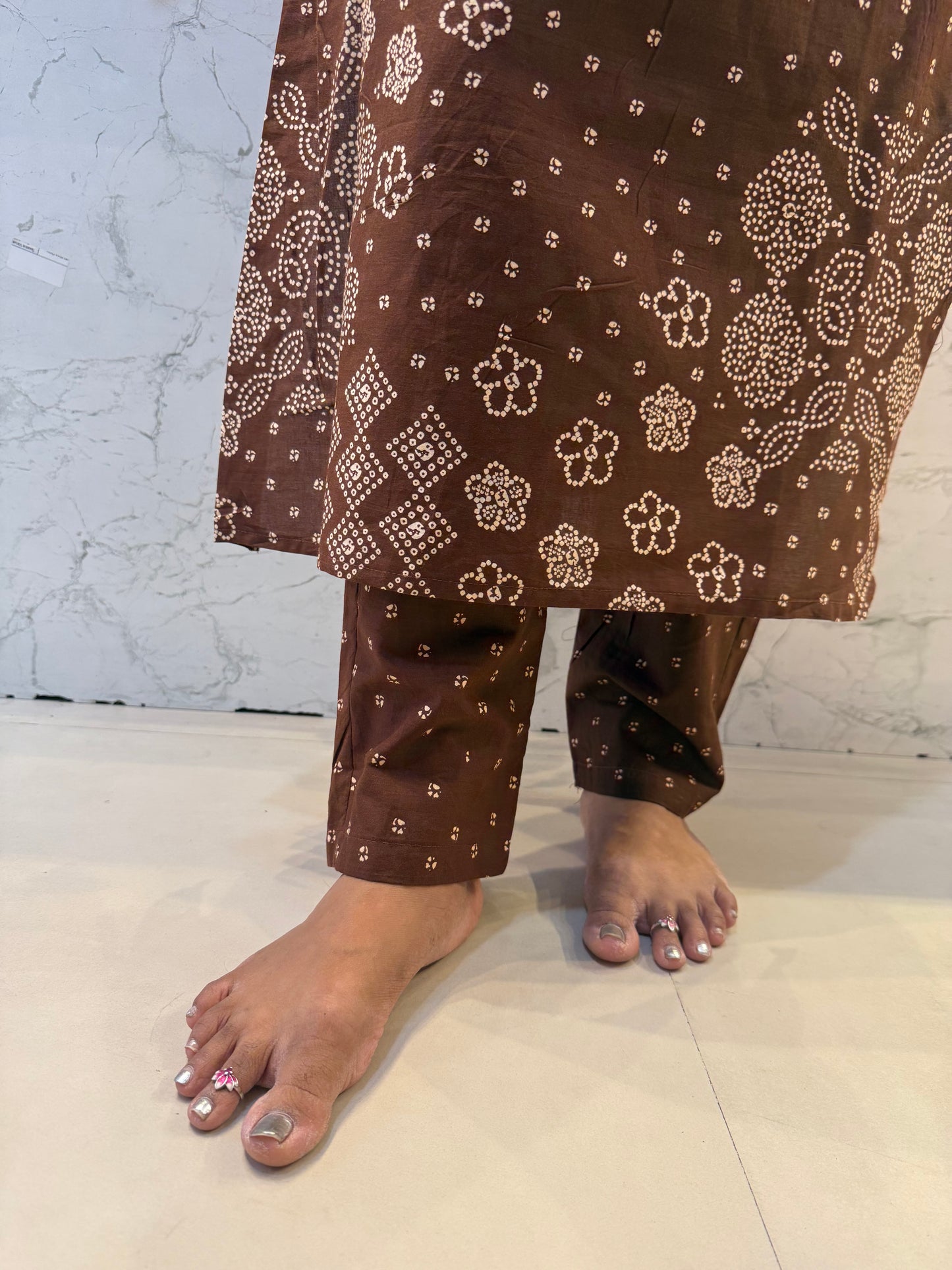 Brown Bandini Cotton Kurti With Pant and Dupatta-HSC124