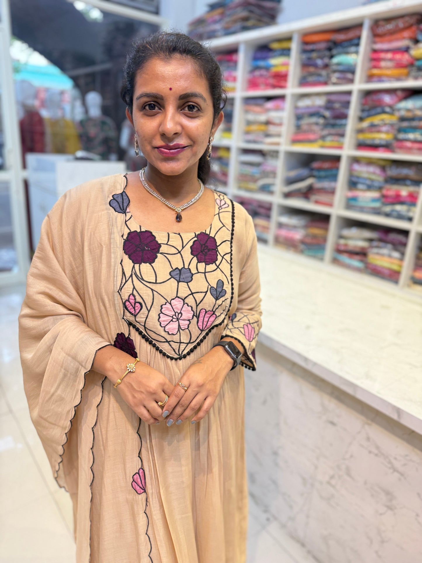 Mul Chanderi A-line Kurti With Pant and Dupatta