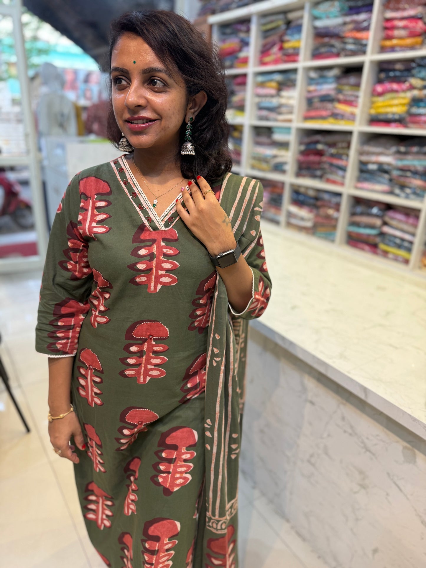 Printed Green Kurti with Pant and Dupatta