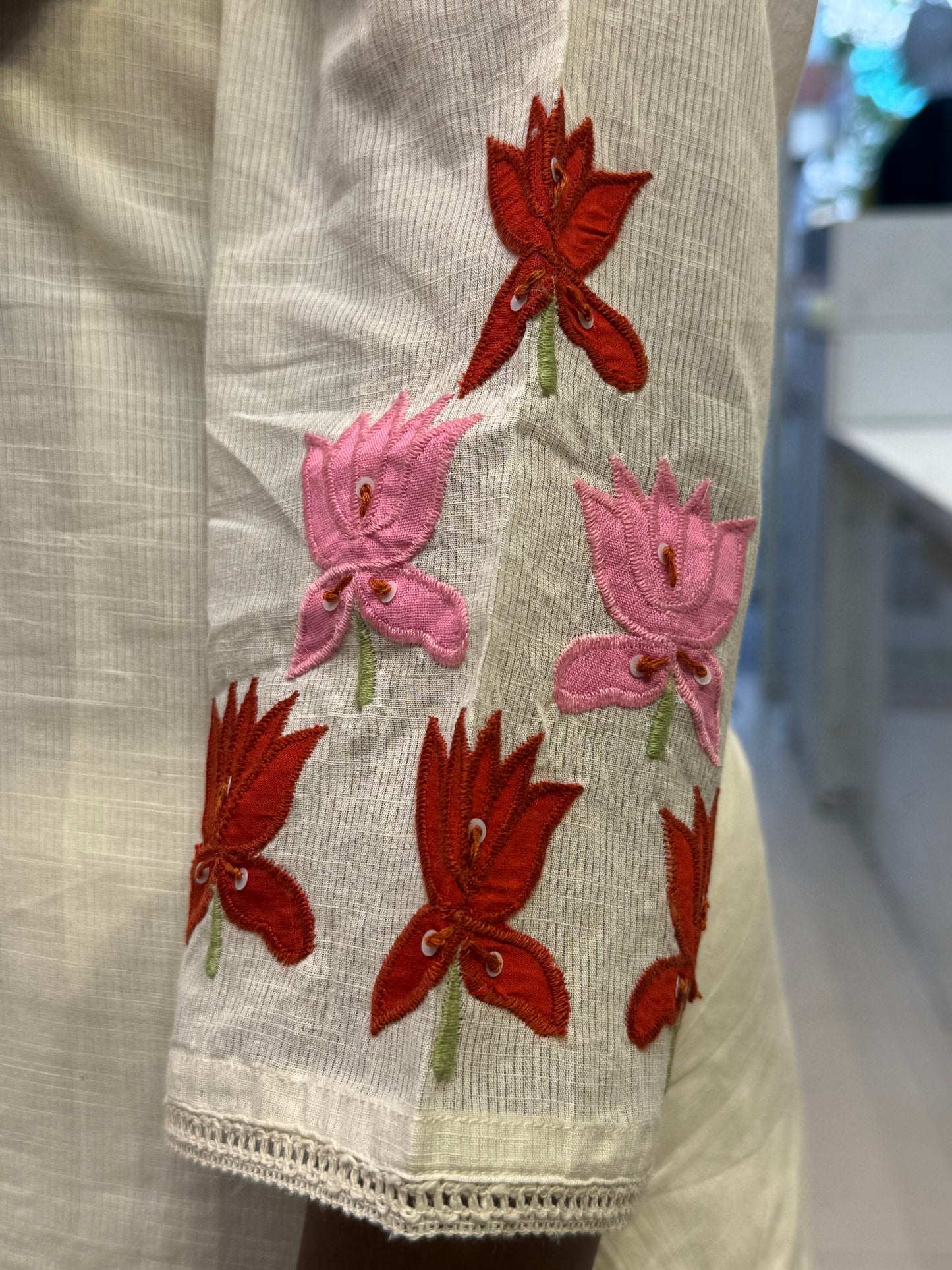 Lotus Half White Pure Cotton Hand Embroidery Kurti With Pant and Dupatta - HSC1159