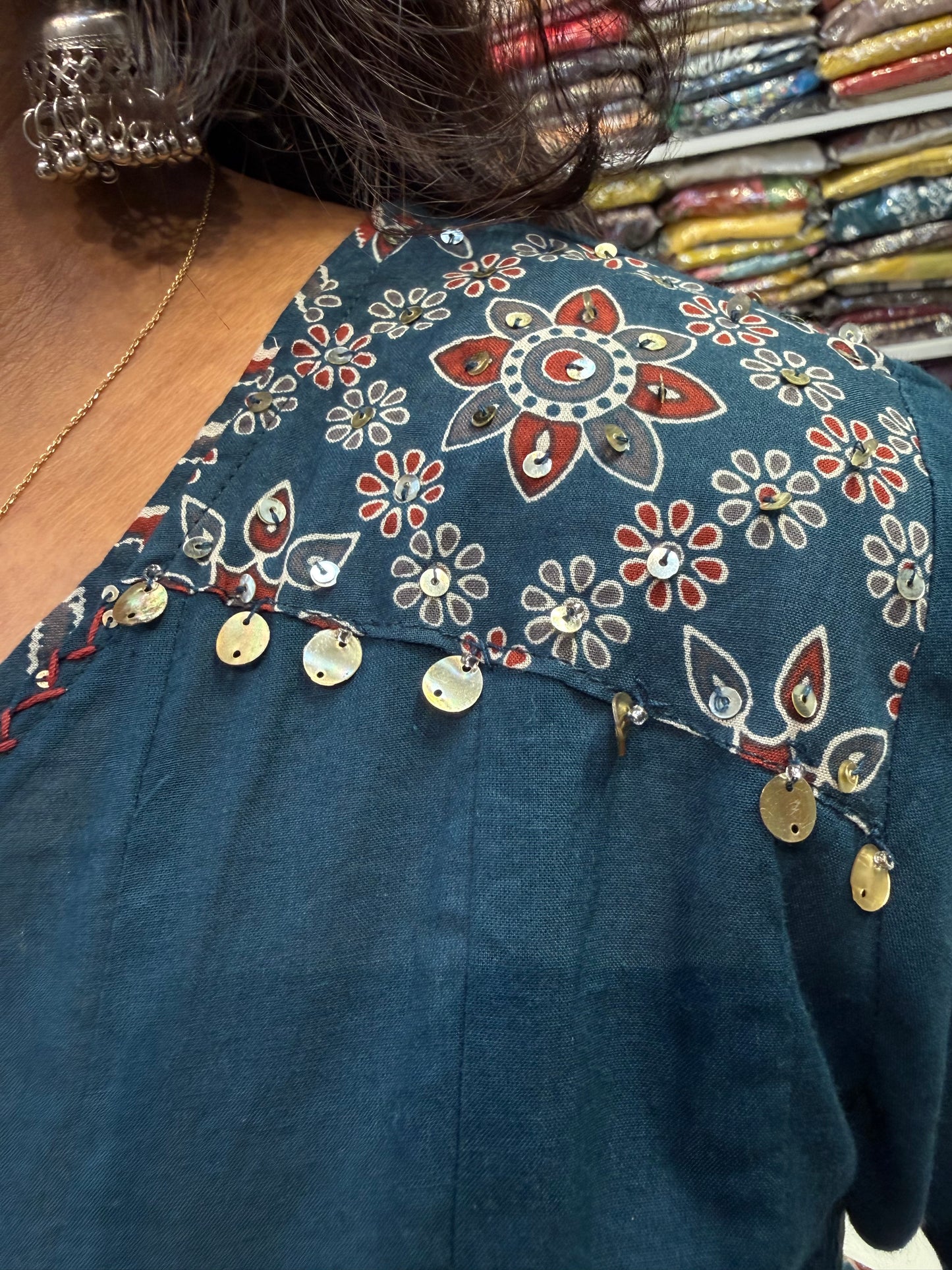Blue Shoulder Anarkali Pure Cotton Hand Embroidery Kurti With Pant and Dupatta-HSC165