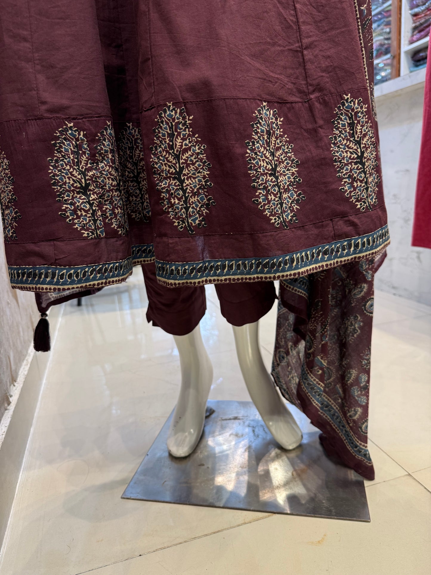 Wine Shoulder Anarkali Pure Cotton Hand Embroidery Kurti With Pant and Dupatta-HSC165