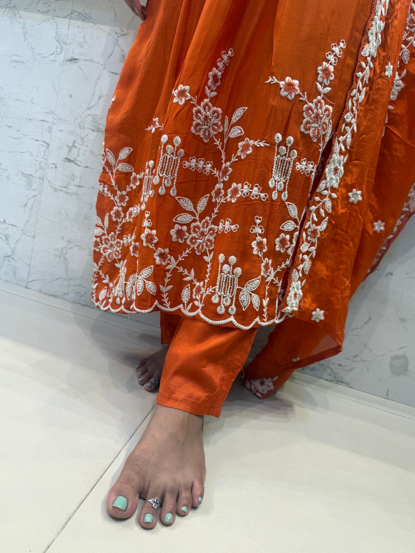 Orange Pure Chinnon Kurti With Pant and Dupatta