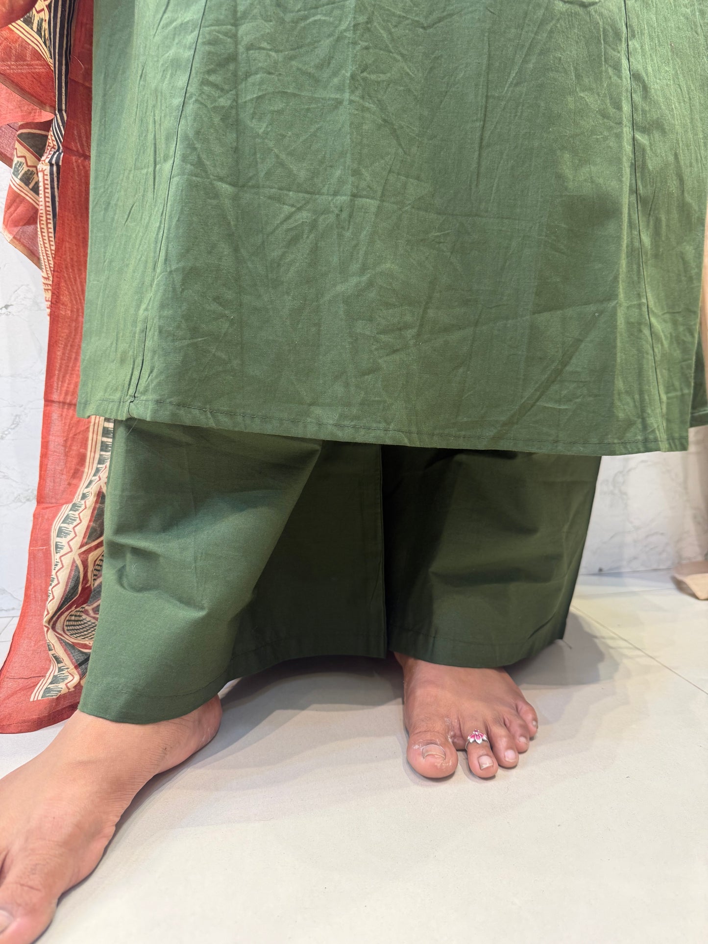 Two Sides Pockets Green Backside Patch Work Printed Kurti With pant and Dupatta-HSC86