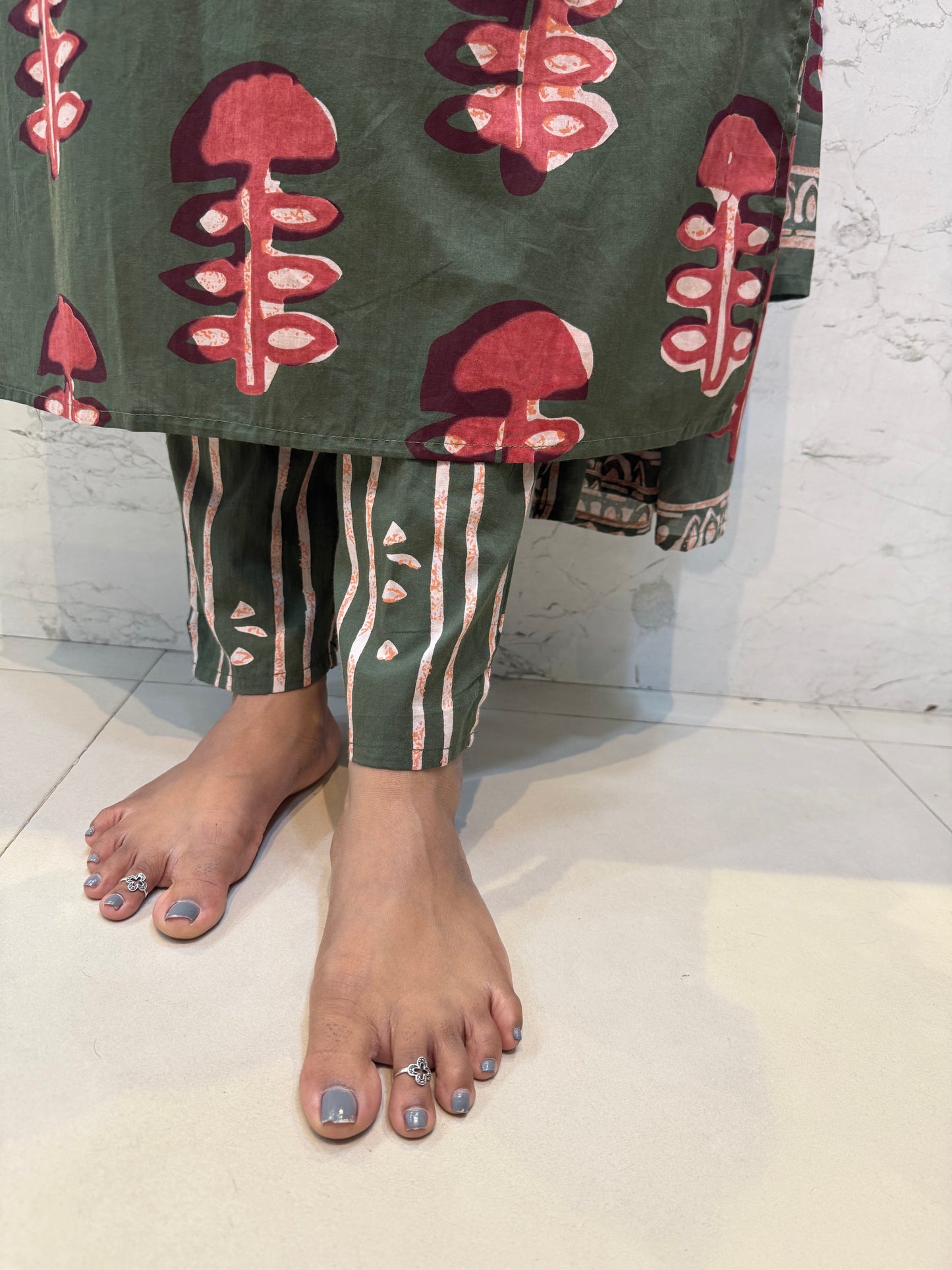 Printed Green Kurti with Pant and Dupatta