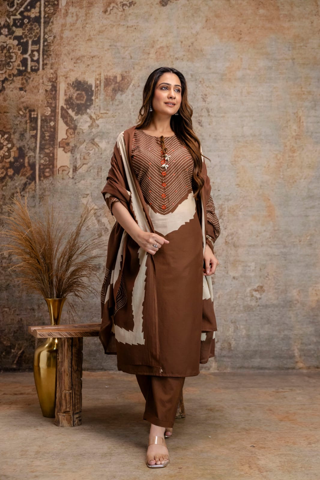 Trending brown Pure Cotton Kurti With Pant and Dupatta-HSC120