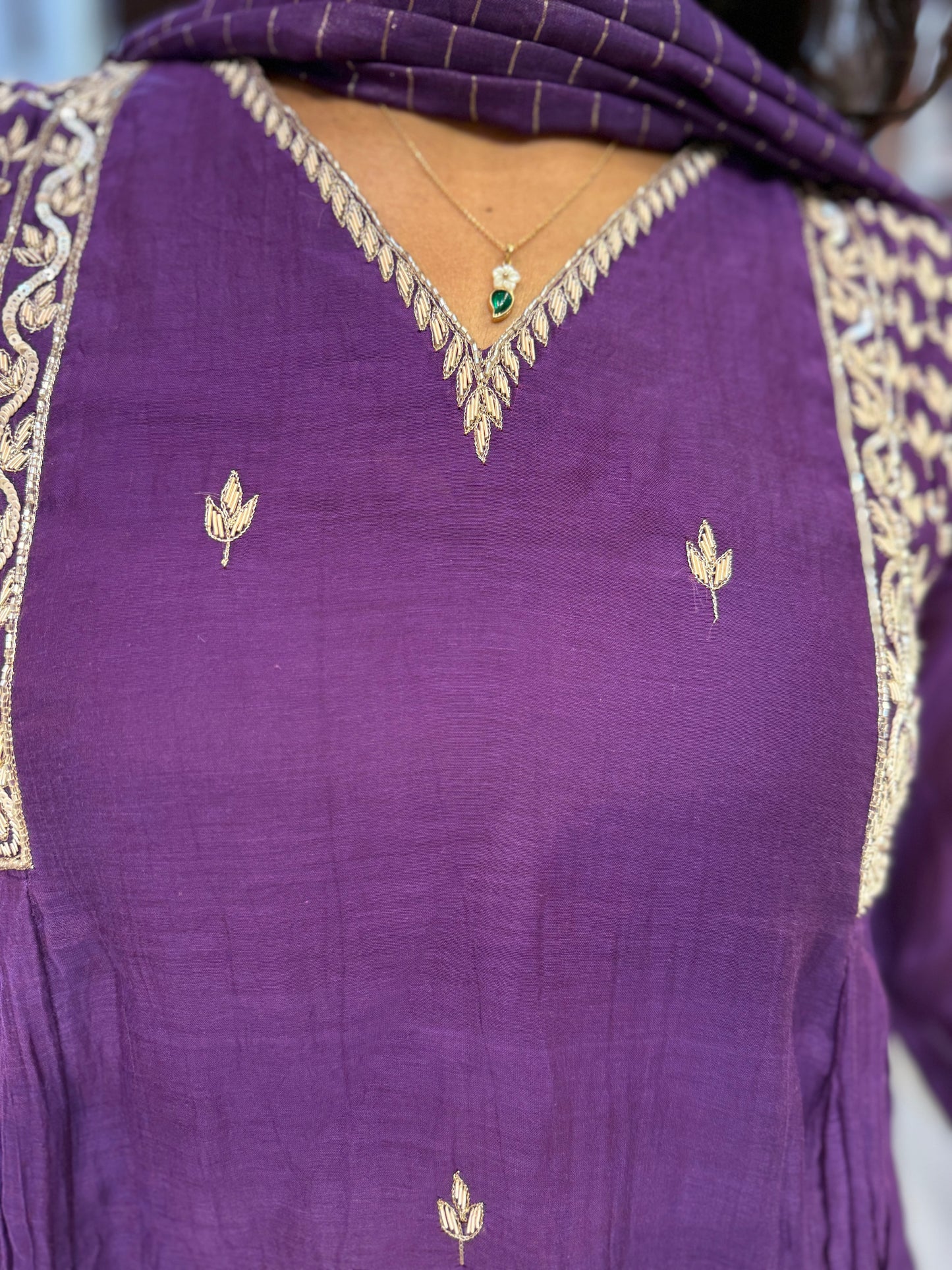 Pure Banasari Mul Chanderi Purple Hand Embroidery Kurti With Pant and Dupatta-HSC191