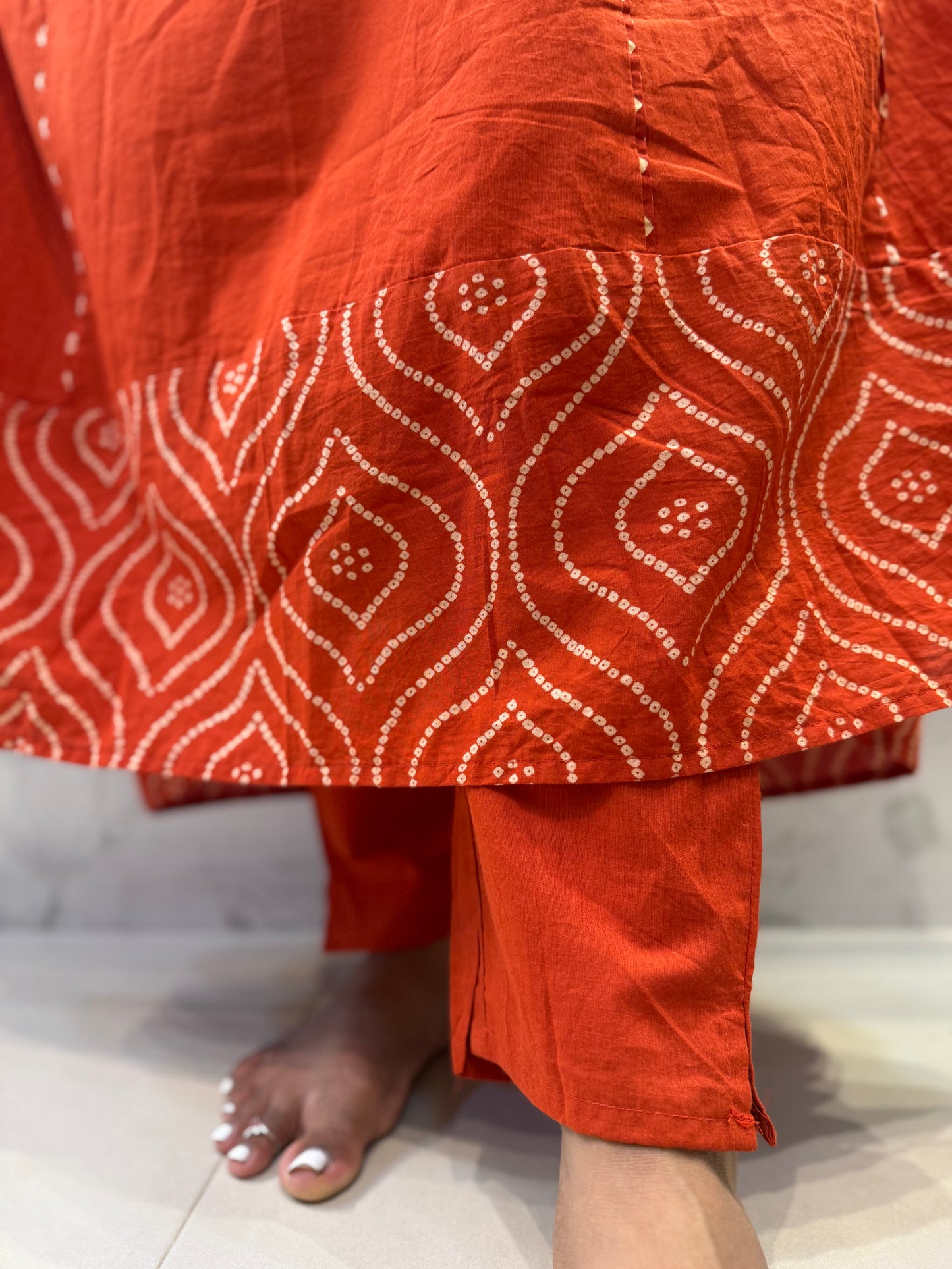 Rust Orange Anarkali Pure Cotton Kurti With Pant and Dupatta