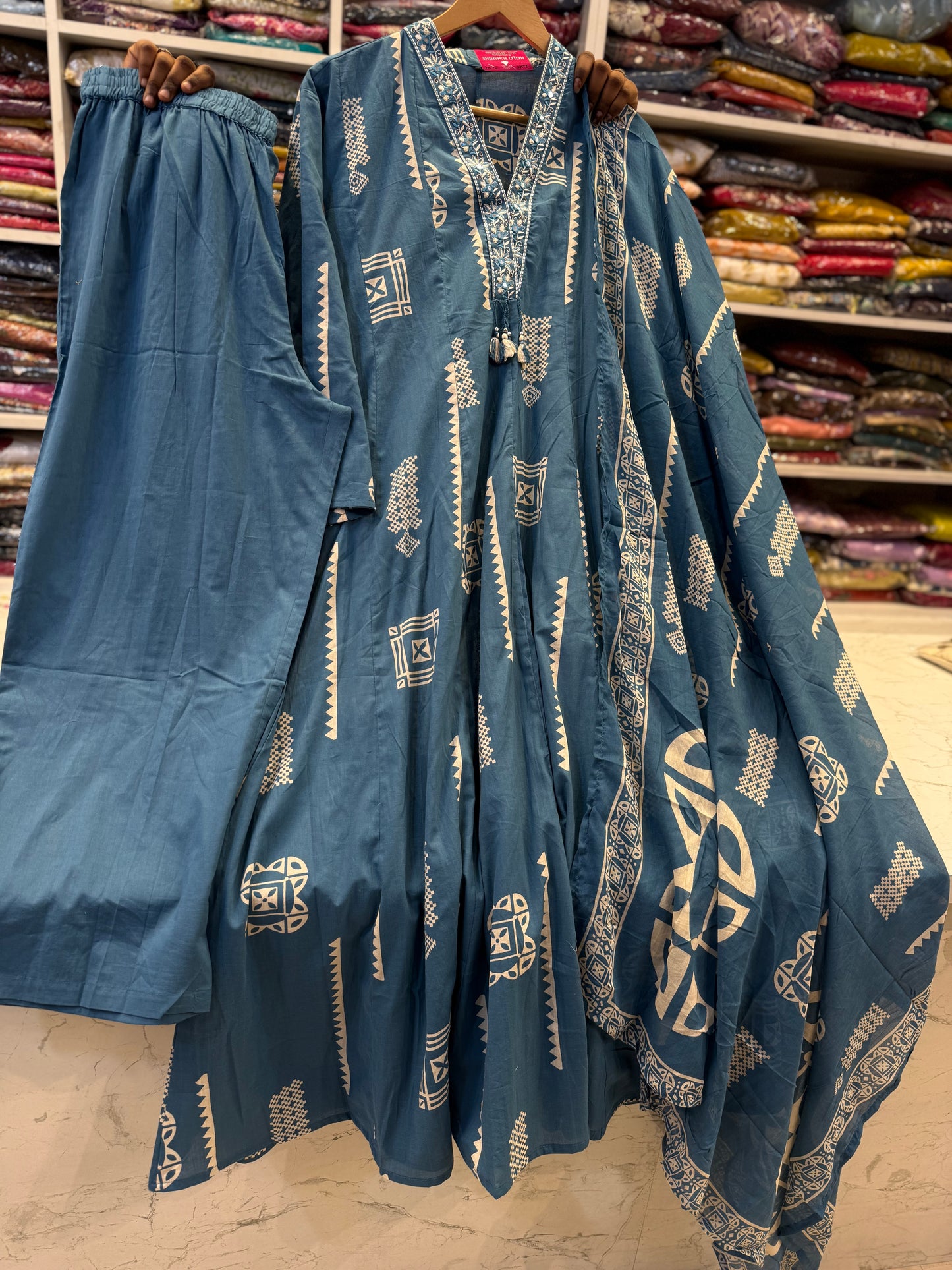 Blue Printed Pure Cotton Kurti With Pant and Dupatta
