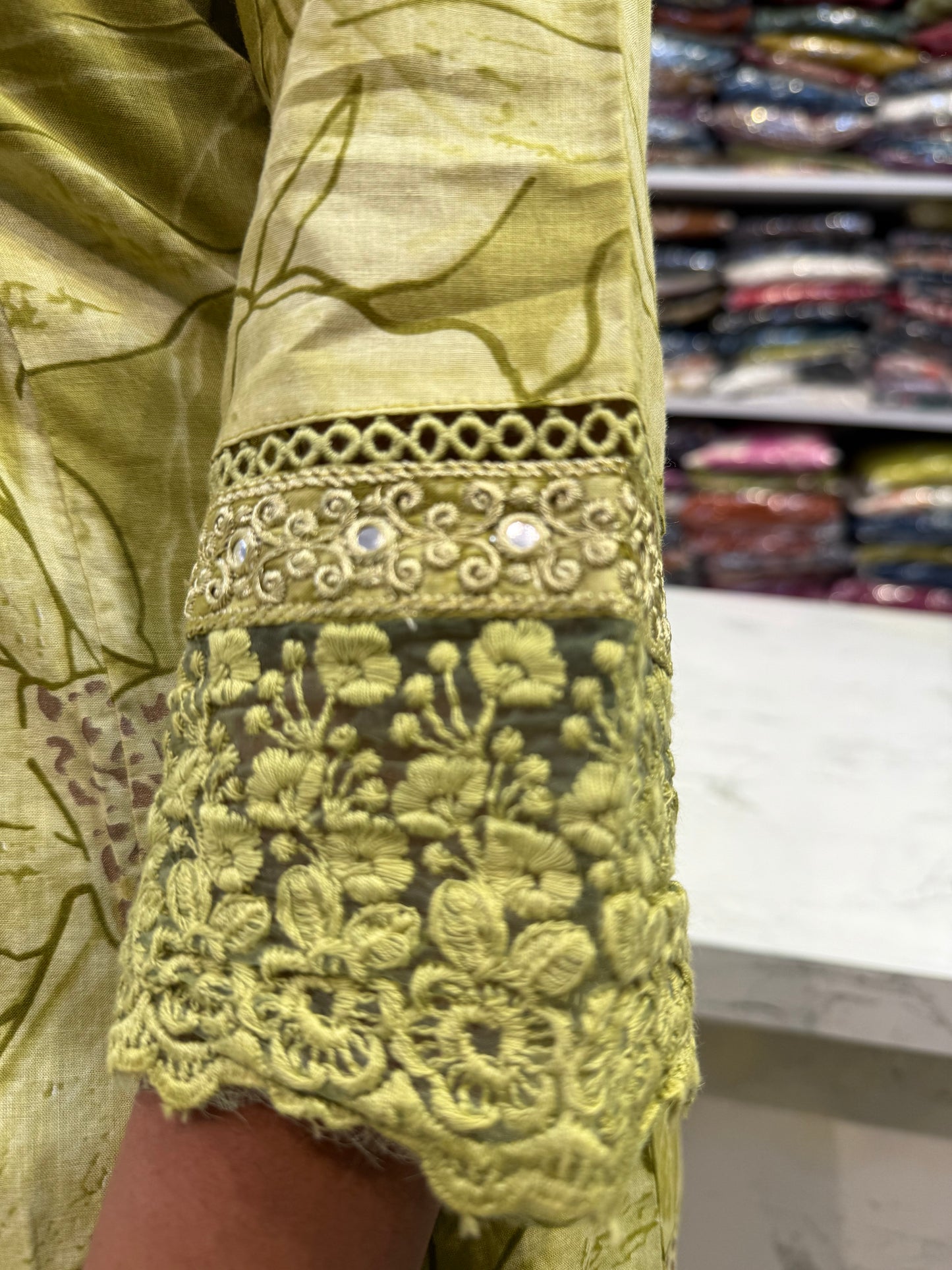 A-line Green Cotton Lace Work Kurti With Pant and Dupatta