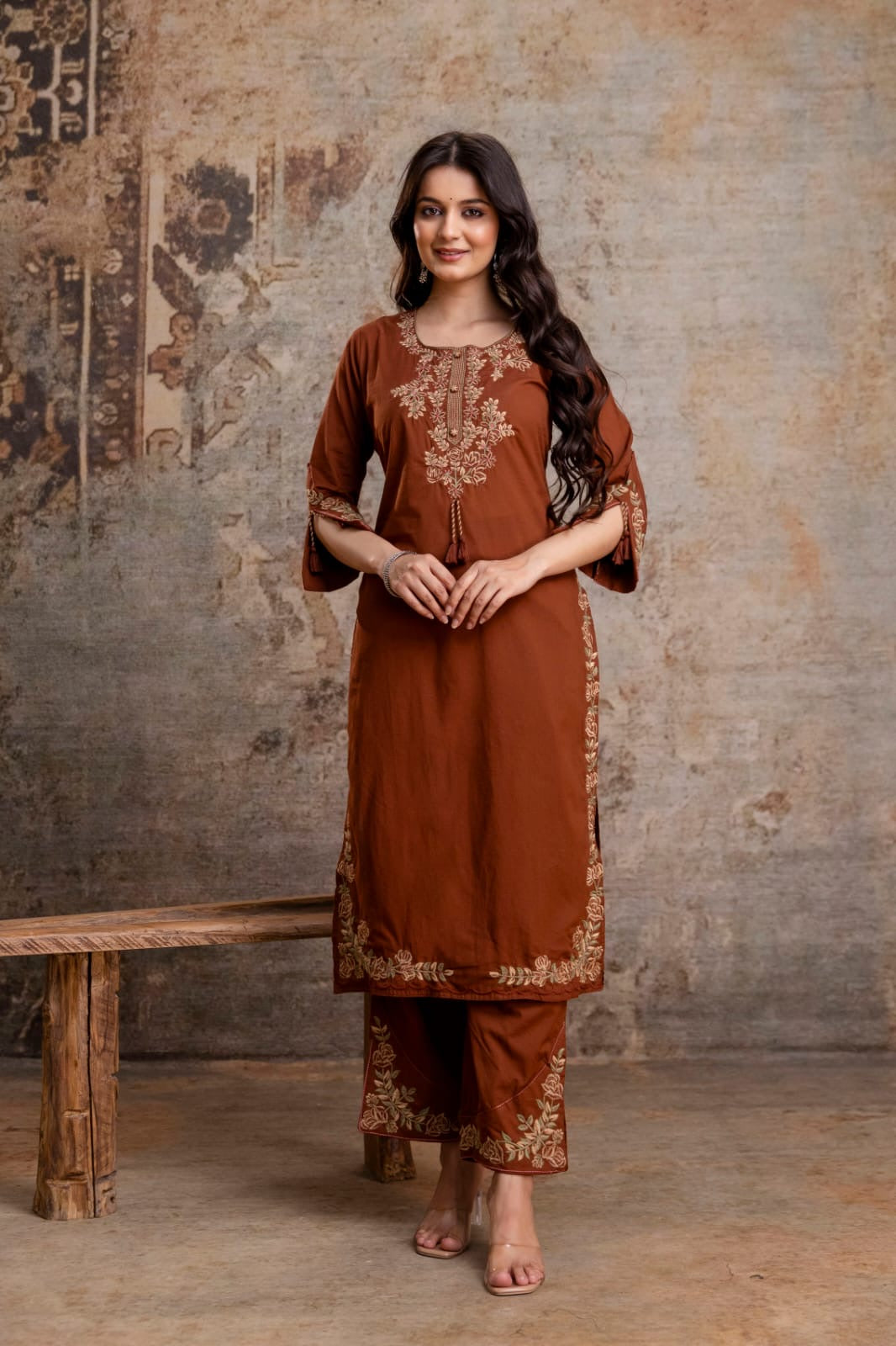 Brown Embroidery Pure Cotton Kurti With Pant and Dupatta - HSC1145