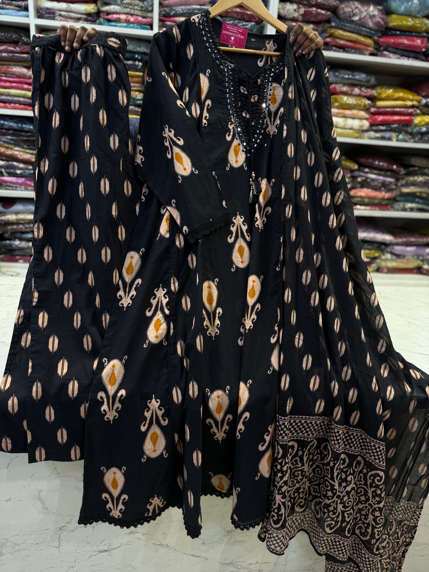 Black Printed Pure Cotton Kurti With Pant and Dupatta