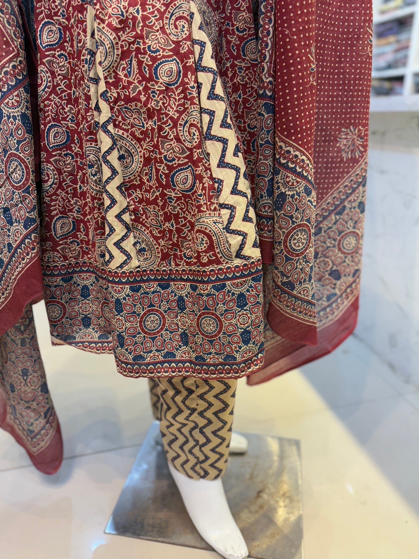 Blue and Marron Anarkali Cotton Salwar Set