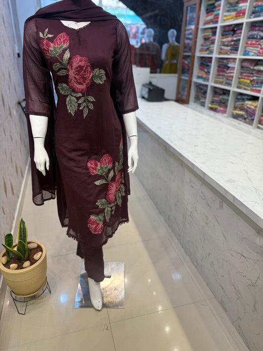 A-line cross stitch work Pure Mul Cotton Kurti With Pant and Dupatta