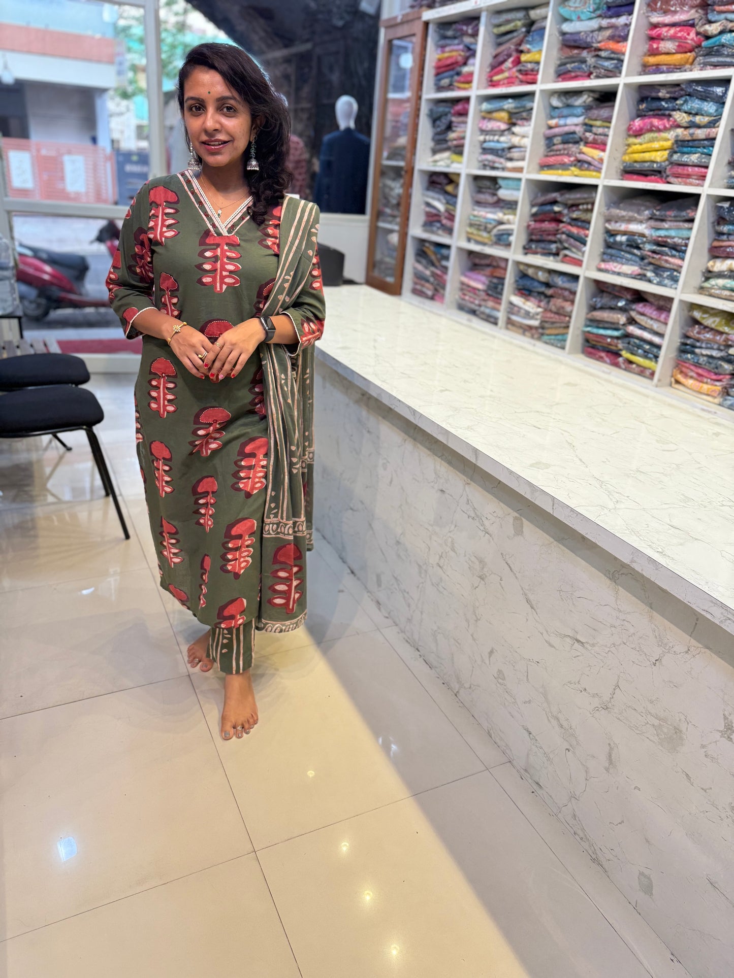 Printed Green Kurti with Pant and Dupatta