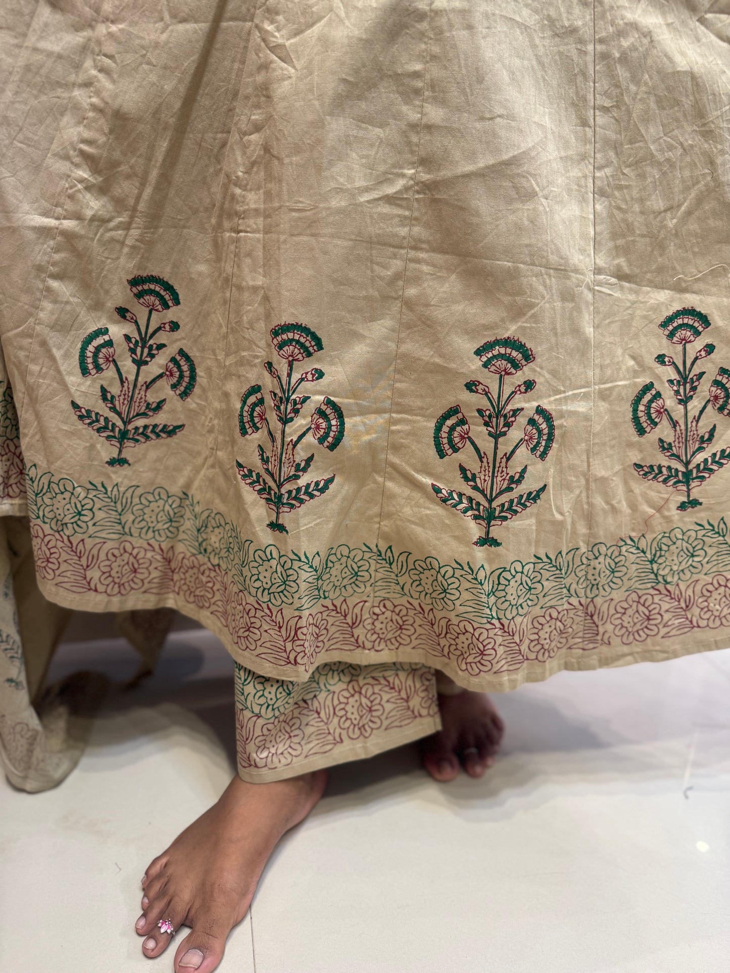 Beige Anarkali Block Printed Pure Cotton Embroidered A-line Kurti With Pant and Dupatta