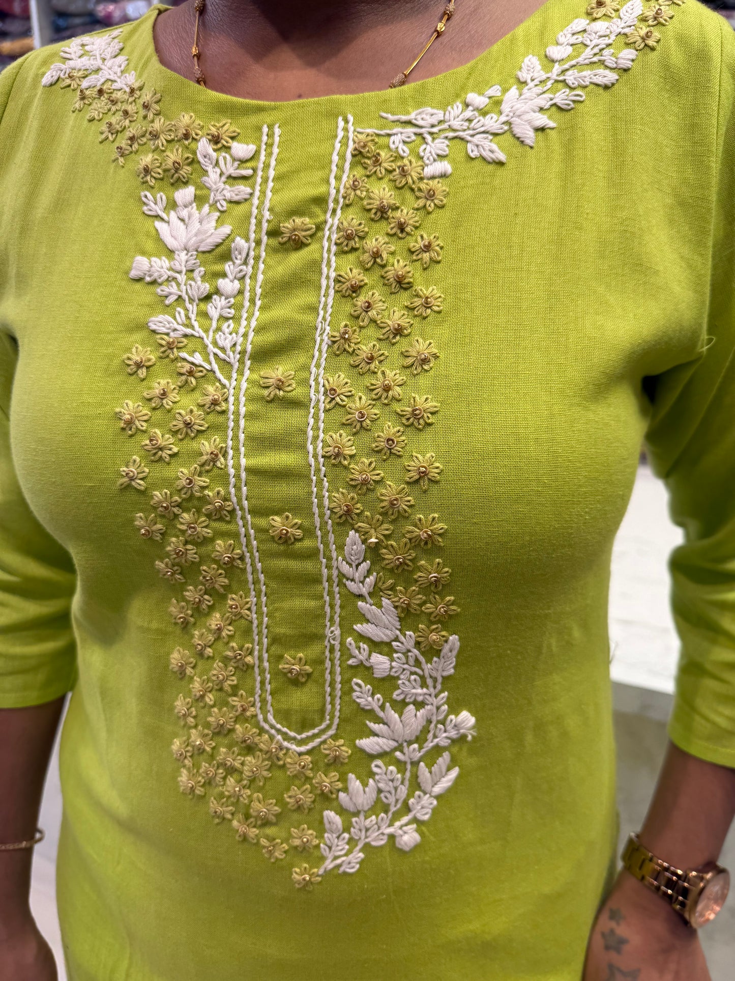Lime Green Thread Work Cotton Kurti