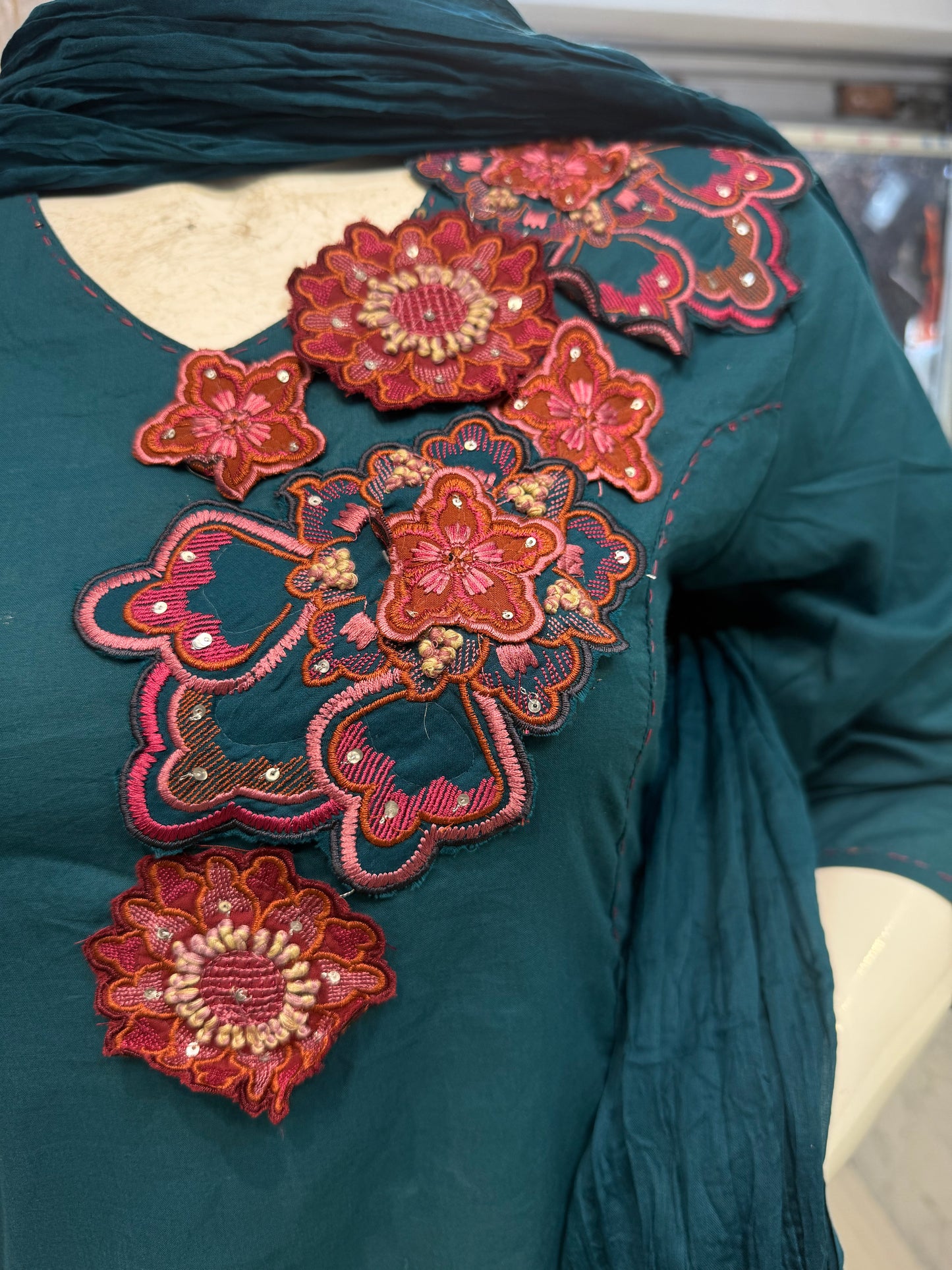 Teal Blue Appliqué Pure Cotton Kurti With Pant and Dupatta-HSC121