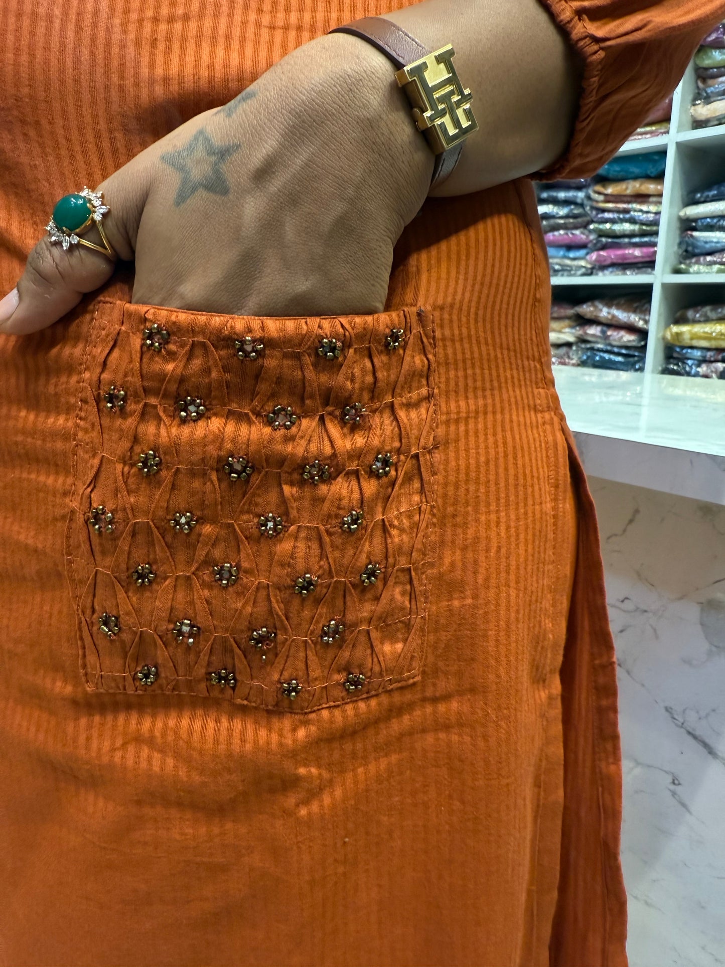Rust Orange Two Pockets Hand Embroidery Pure Cotton Silly Kurti With Pant and Dupatta-HSC56