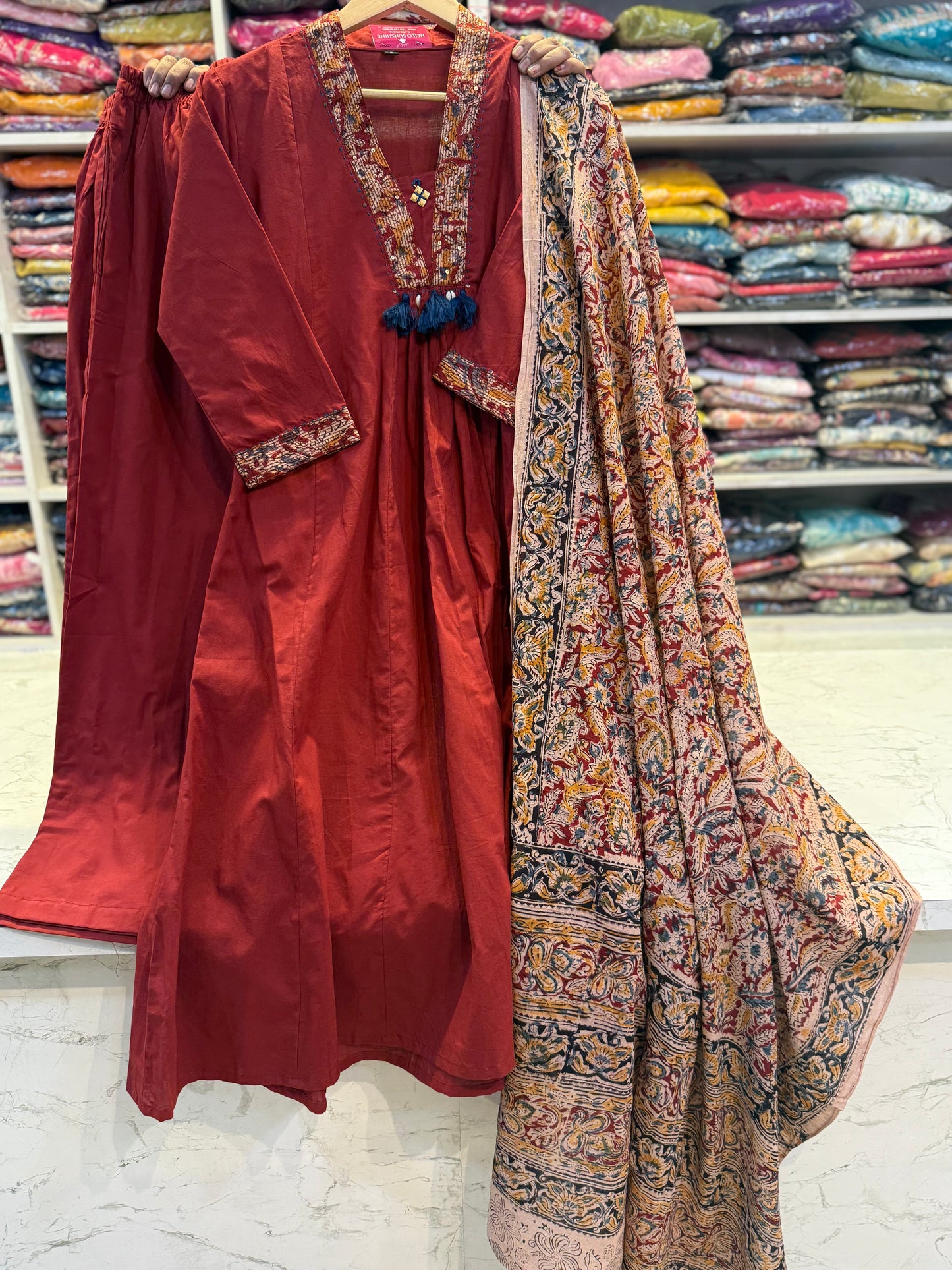 Kalamkari Pure Cotton A-line Kurti with Pant and Dupatta