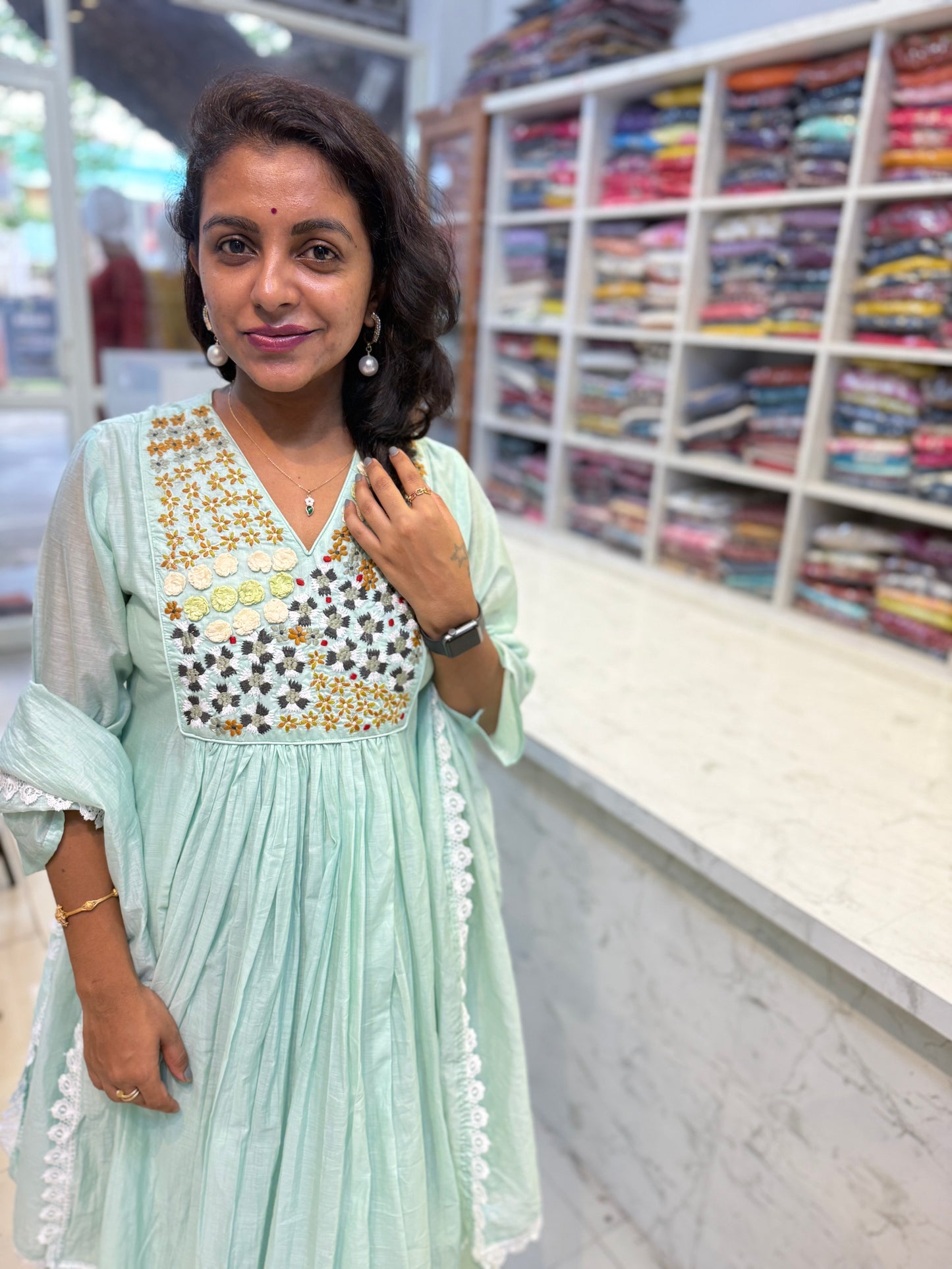Pastel Green Mul Chanderi Kurti With Pant and Dupatta