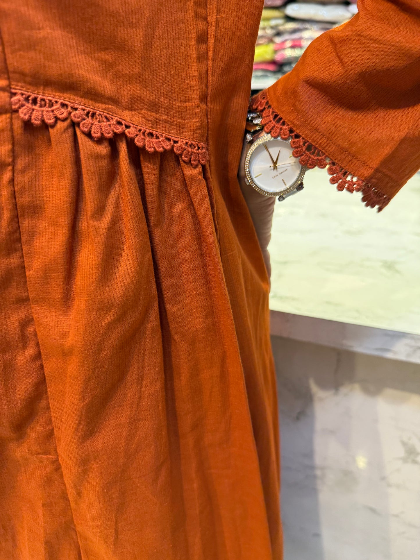 Rust Mul Cotton A- line Dress With Lace Detail