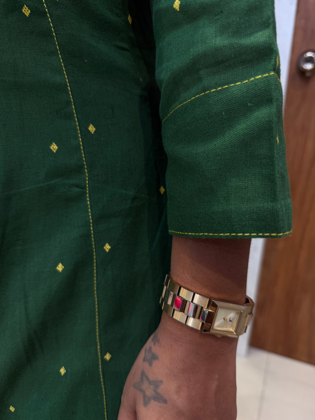 Pure Handloom Cotton Green Kurti With Constrast Mustard Dupatta -HSC1346