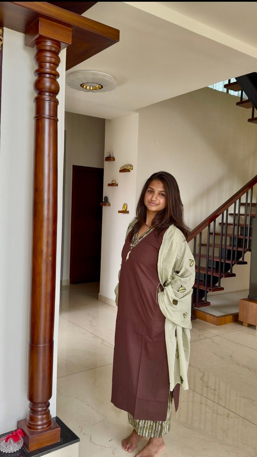 Brown Pure Cotton Kurti With Stripes Pant and Applique Dupatta -HSC1264