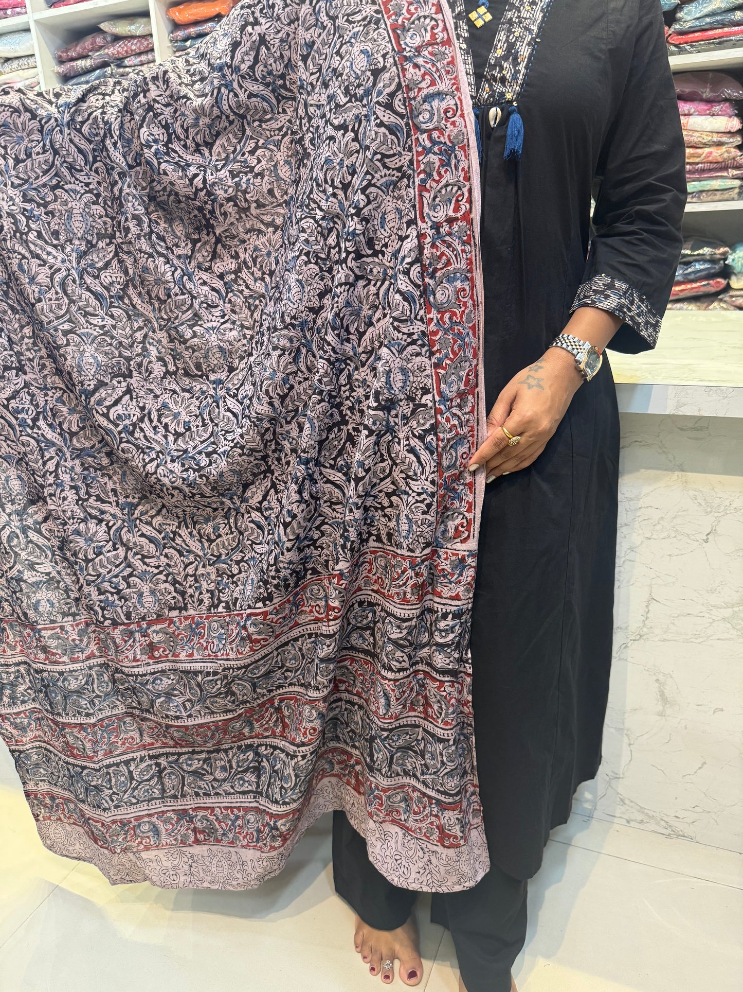 Kalamkari Pure Cotton A-line Kurti with Pant and Dupatta