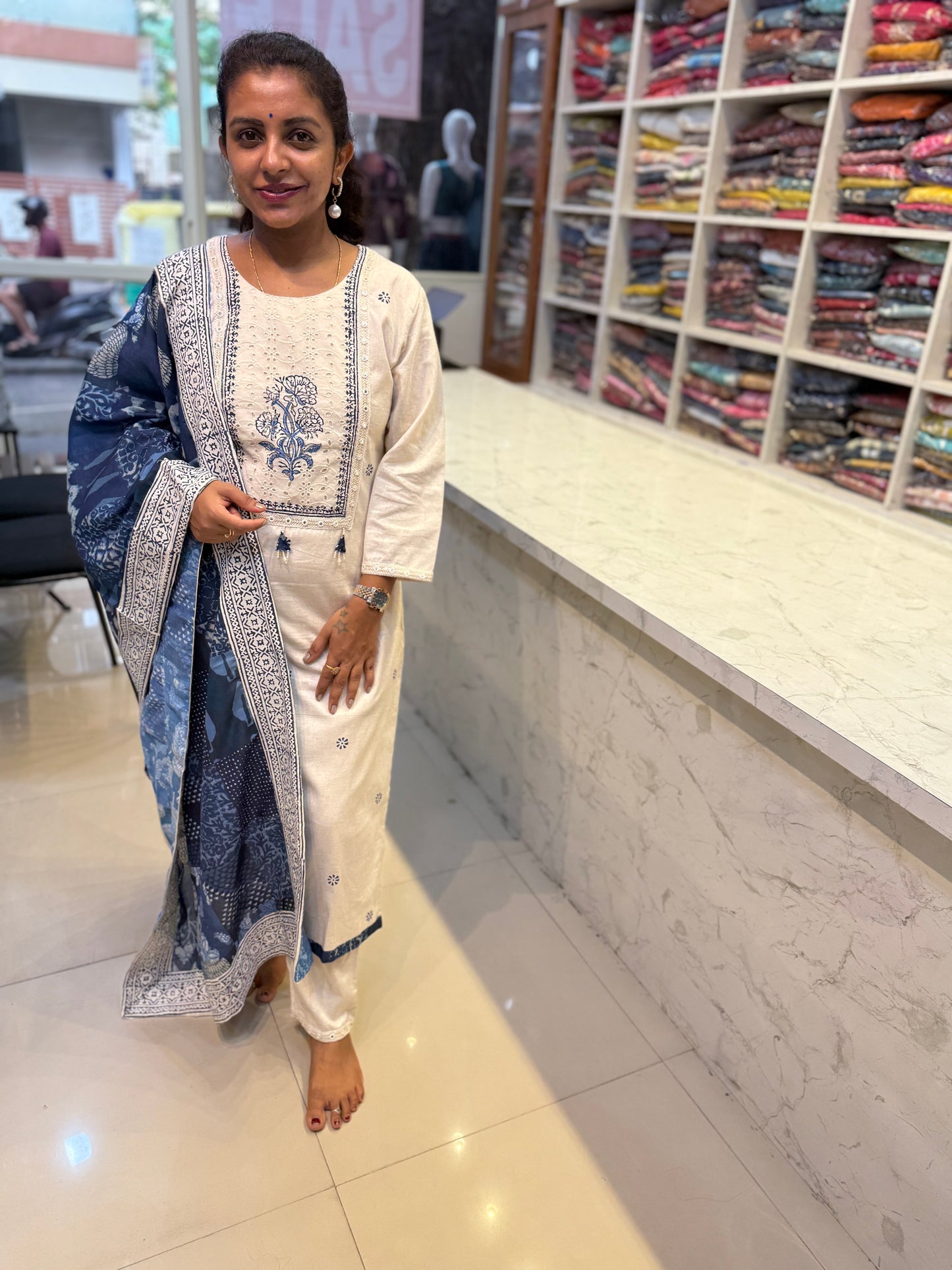 Half White Cotton Flex Kurti With Pant and Dupatta