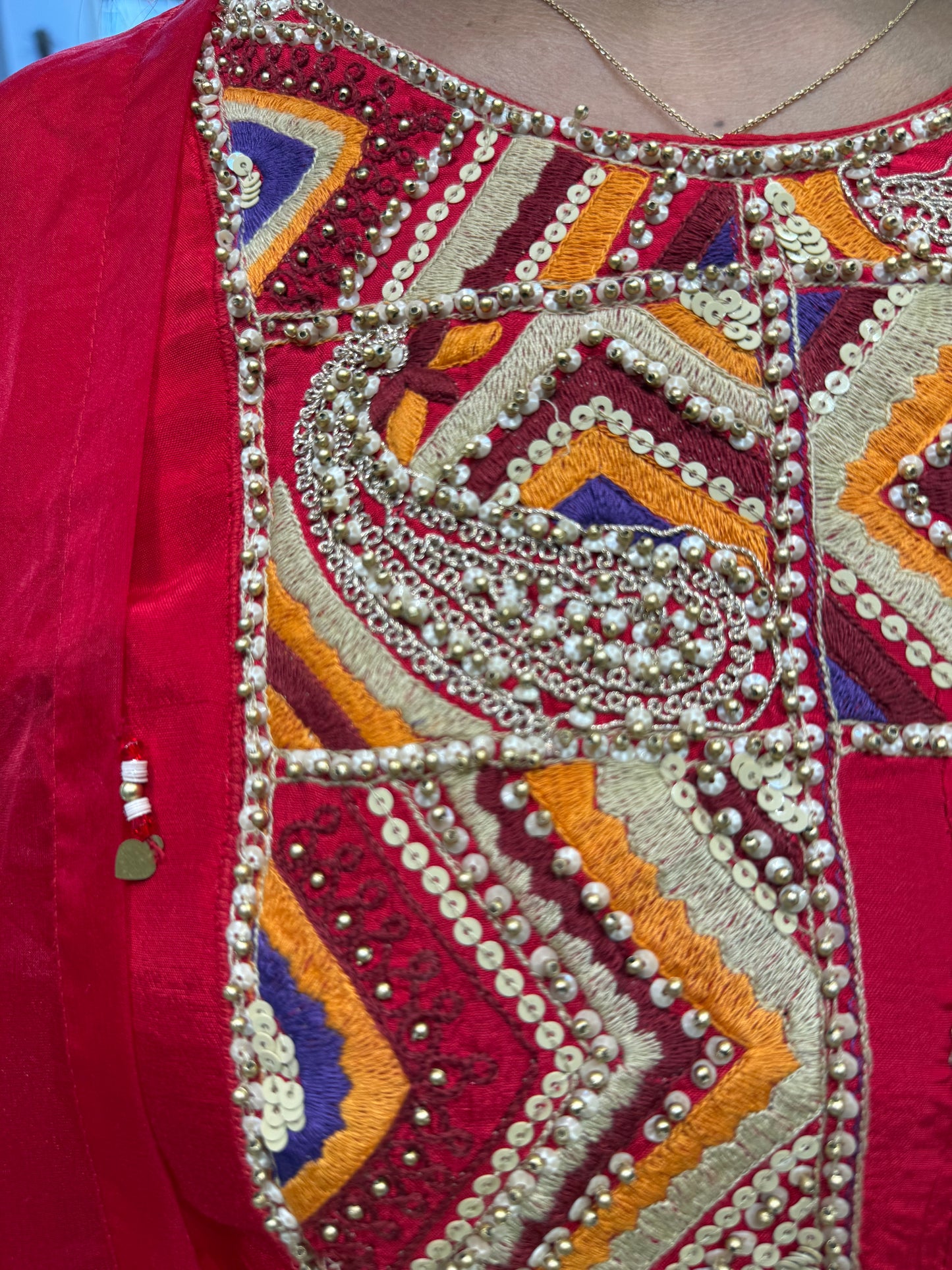 Red Hand Embroidery Dola Silk Kurti With Sharara Pant with Shrug-HSC189